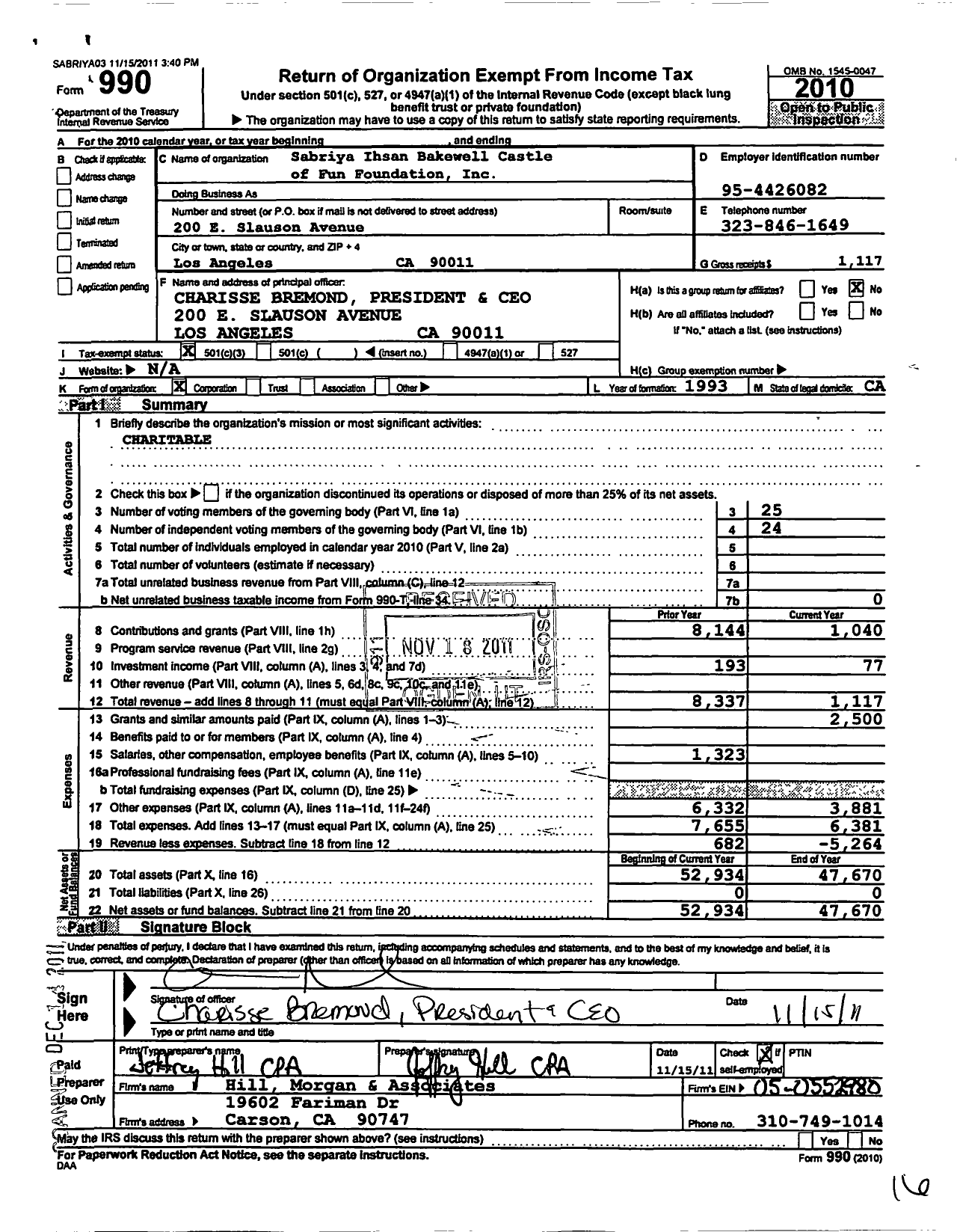 Image of first page of 2010 Form 990 for Sabriya Ihsan Bakewell Castle of Fun Foundation