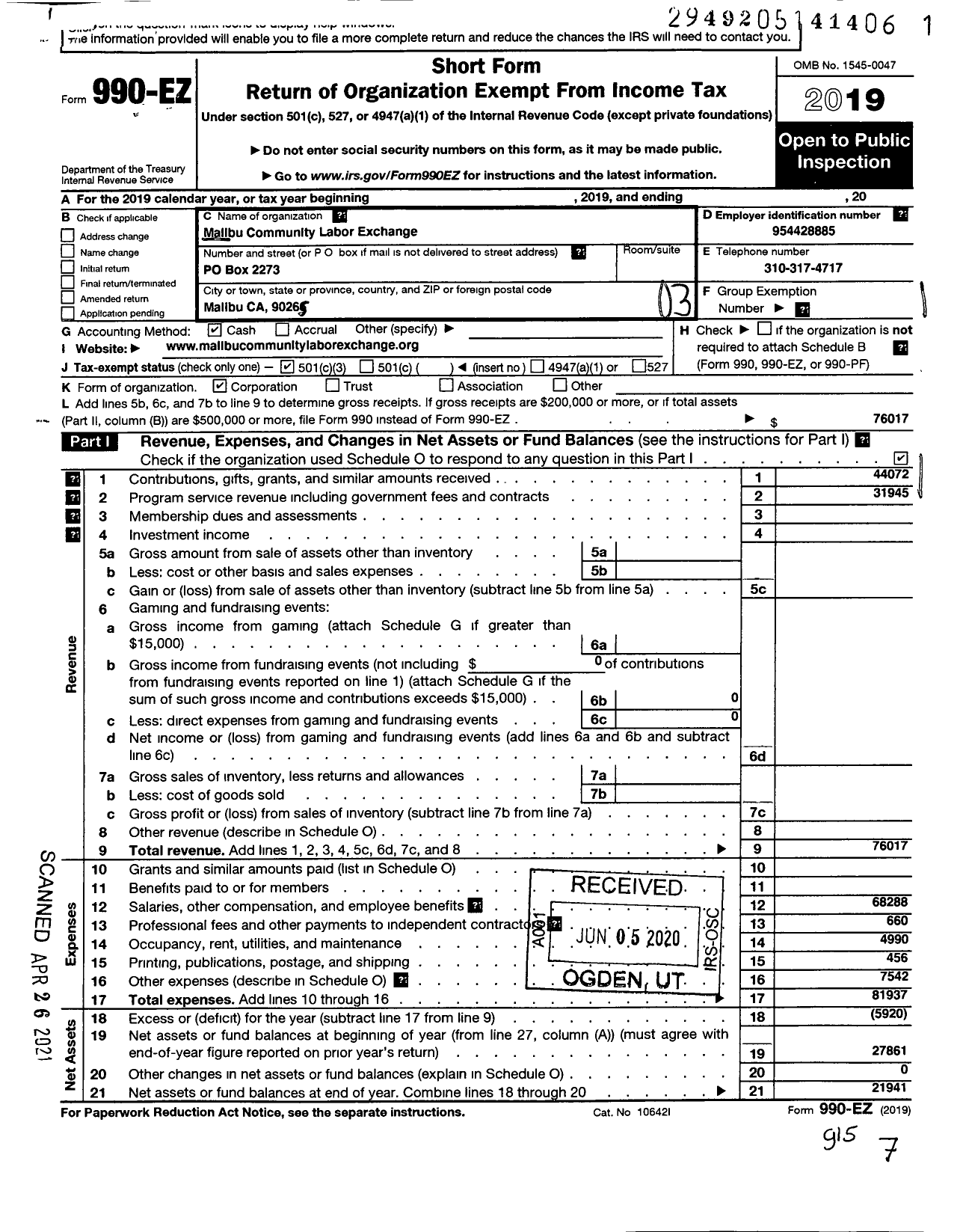 Image of first page of 2019 Form 990EZ for The Malibu Community Labor Exchange