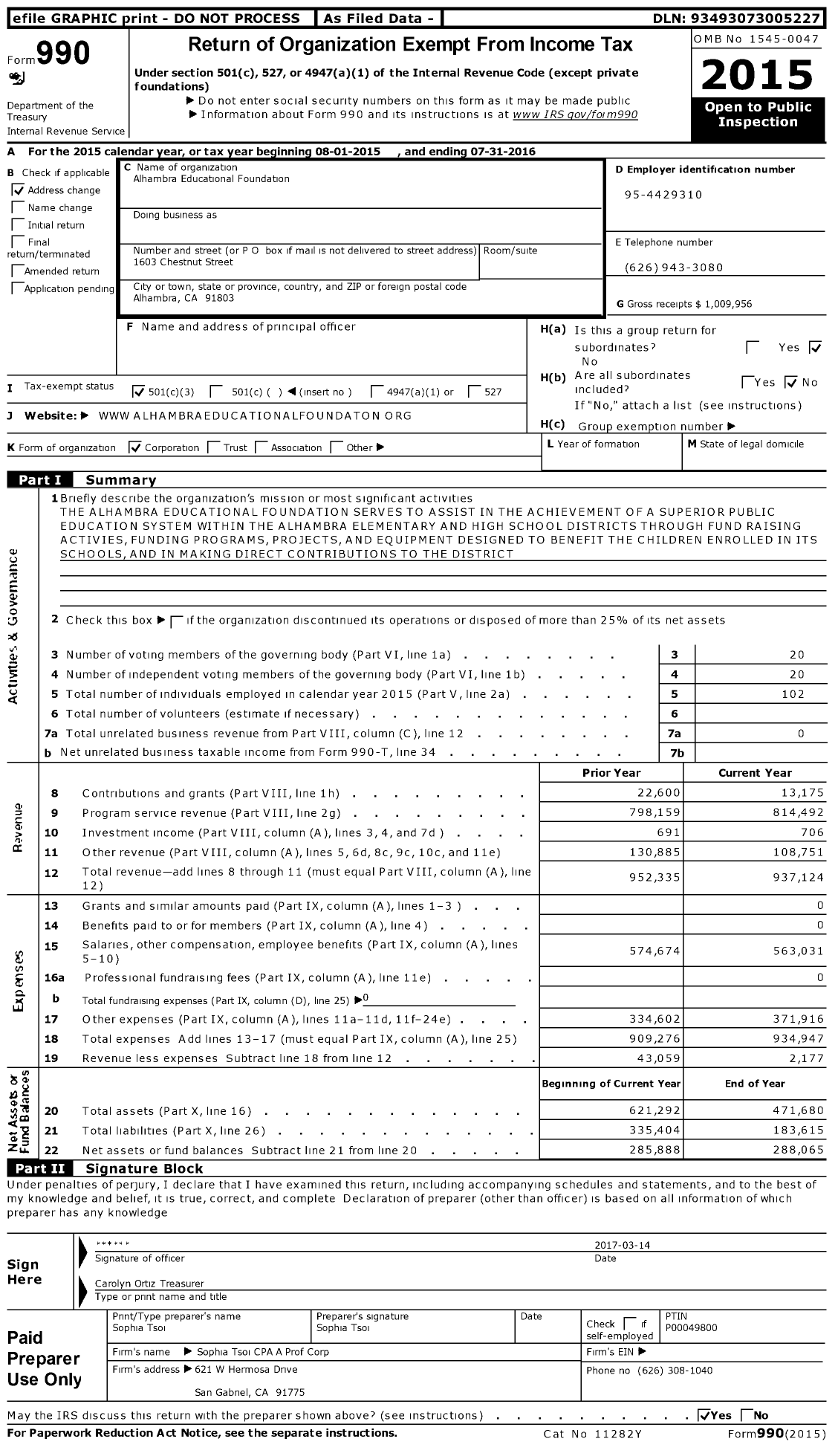 Image of first page of 2015 Form 990 for Alhambra Educational Foundation