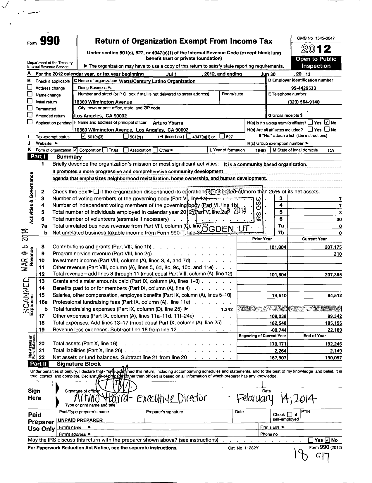 Image of first page of 2012 Form 990 for Watts Century Latino Organization