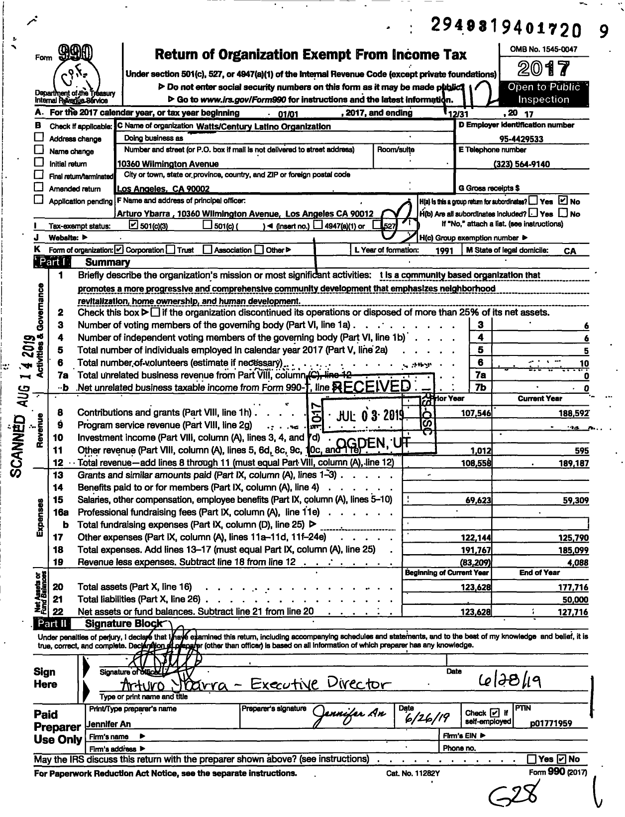 Image of first page of 2017 Form 990 for Watts Century Latino Organization