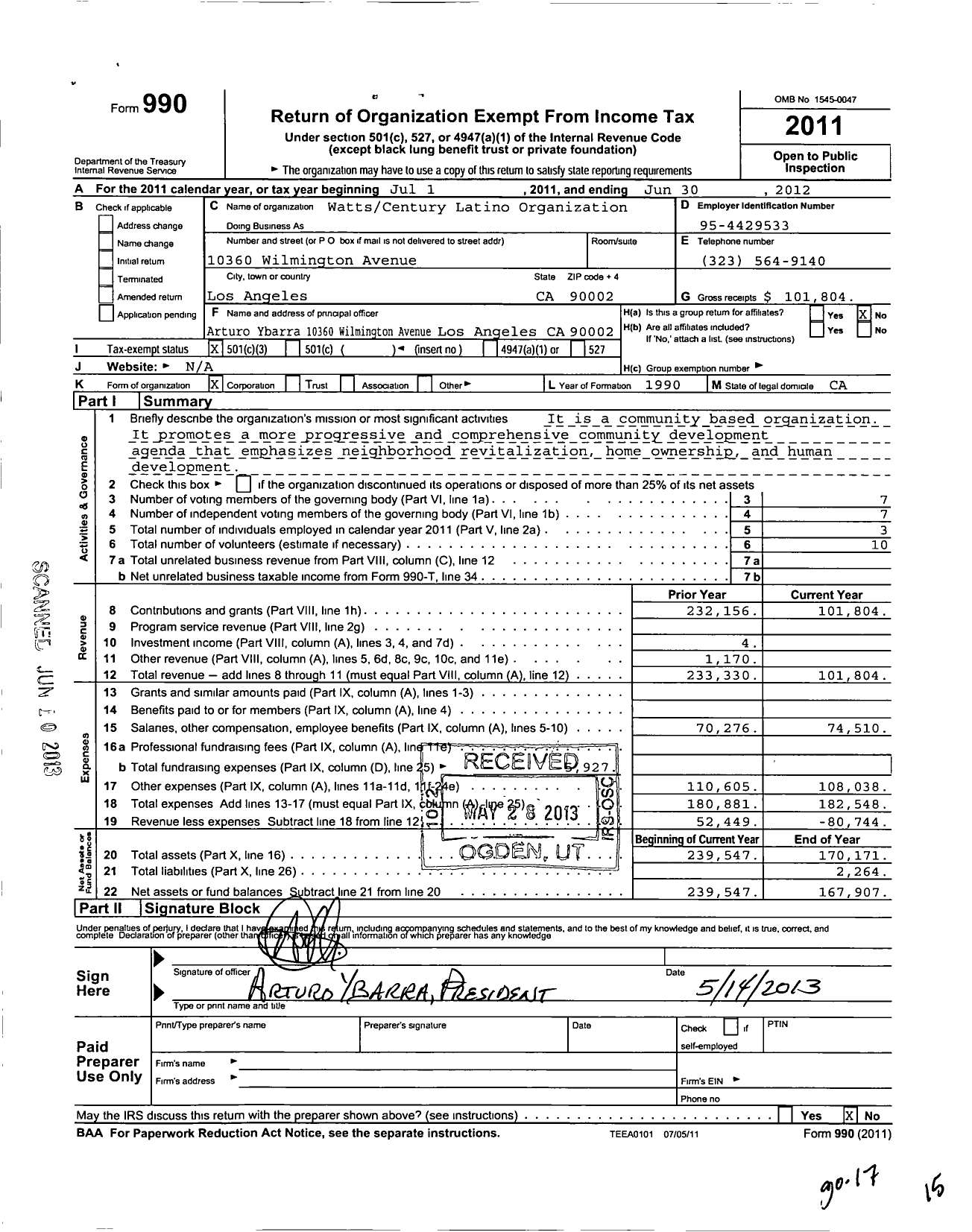 Image of first page of 2011 Form 990 for Watts Century Latino Organization