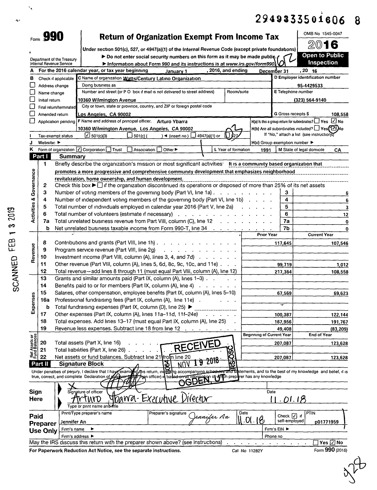 Image of first page of 2016 Form 990 for Watts Century Latino Organization