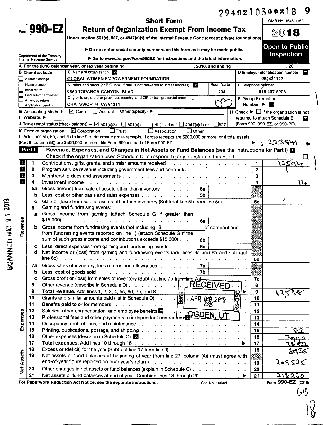 Image of first page of 2018 Form 990EZ for Global Women Empowerment Foundation