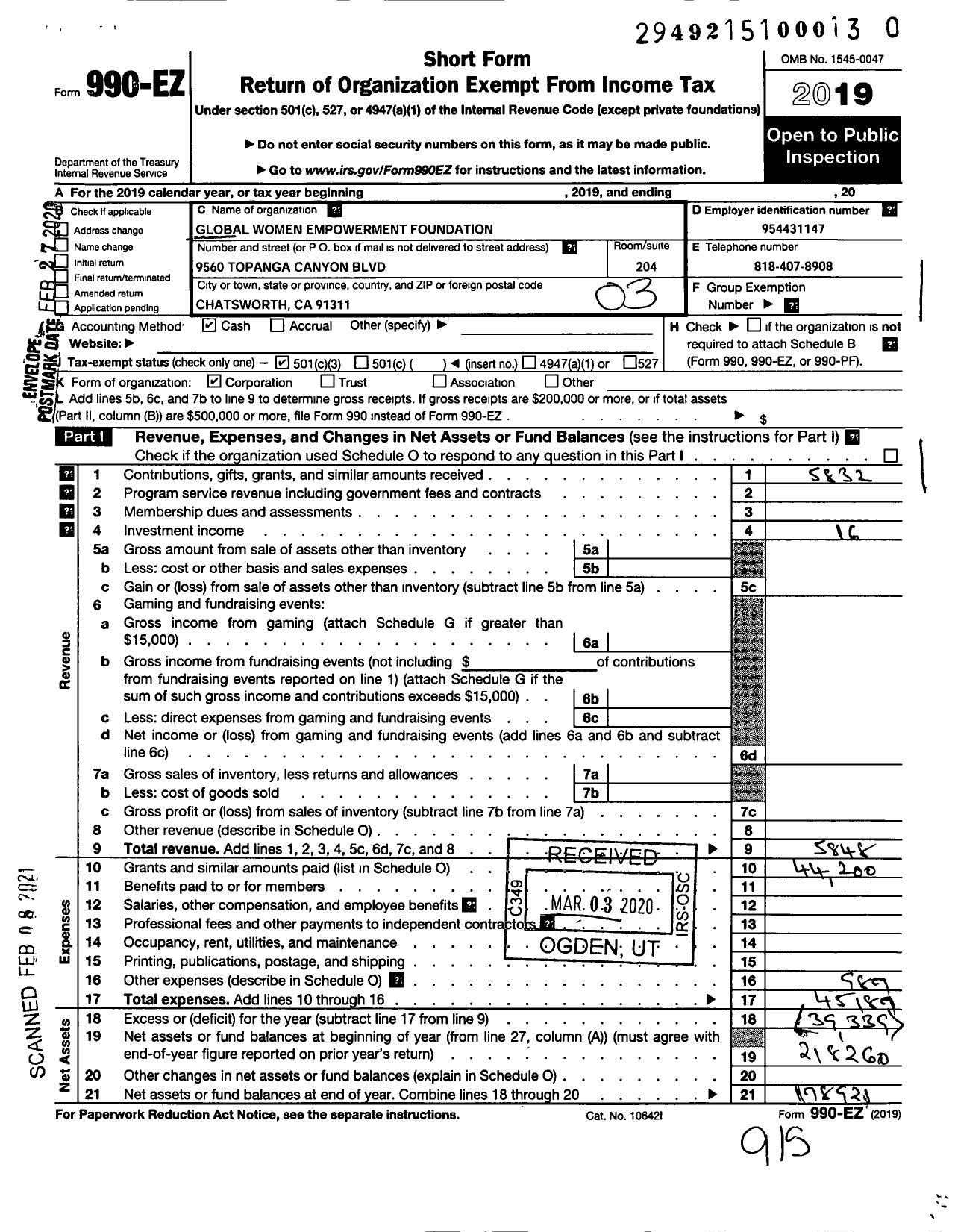 Image of first page of 2019 Form 990EZ for Global Women Empowerment Foundation