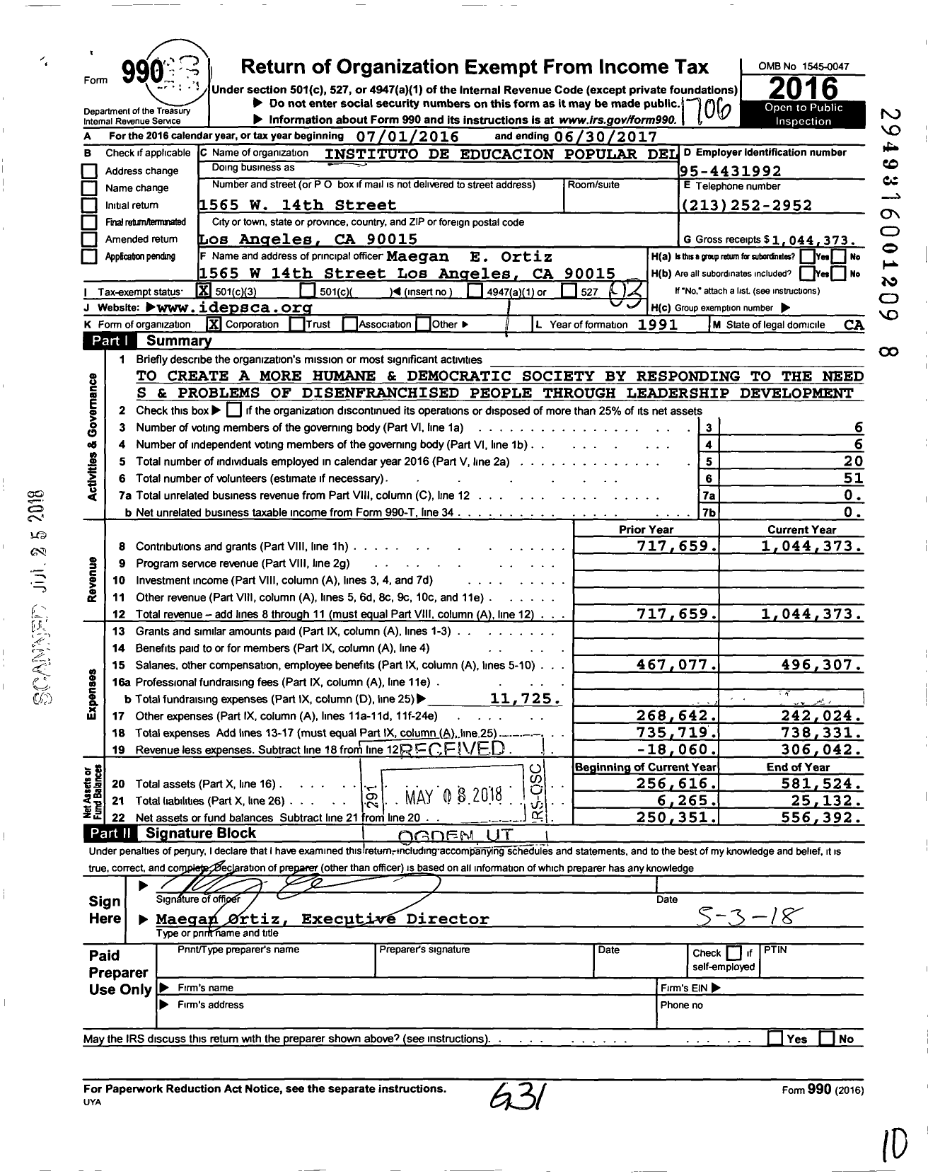 Image of first page of 2016 Form 990 for Instituto De Educacion Popular Del Sur De California (IDEPSCA)