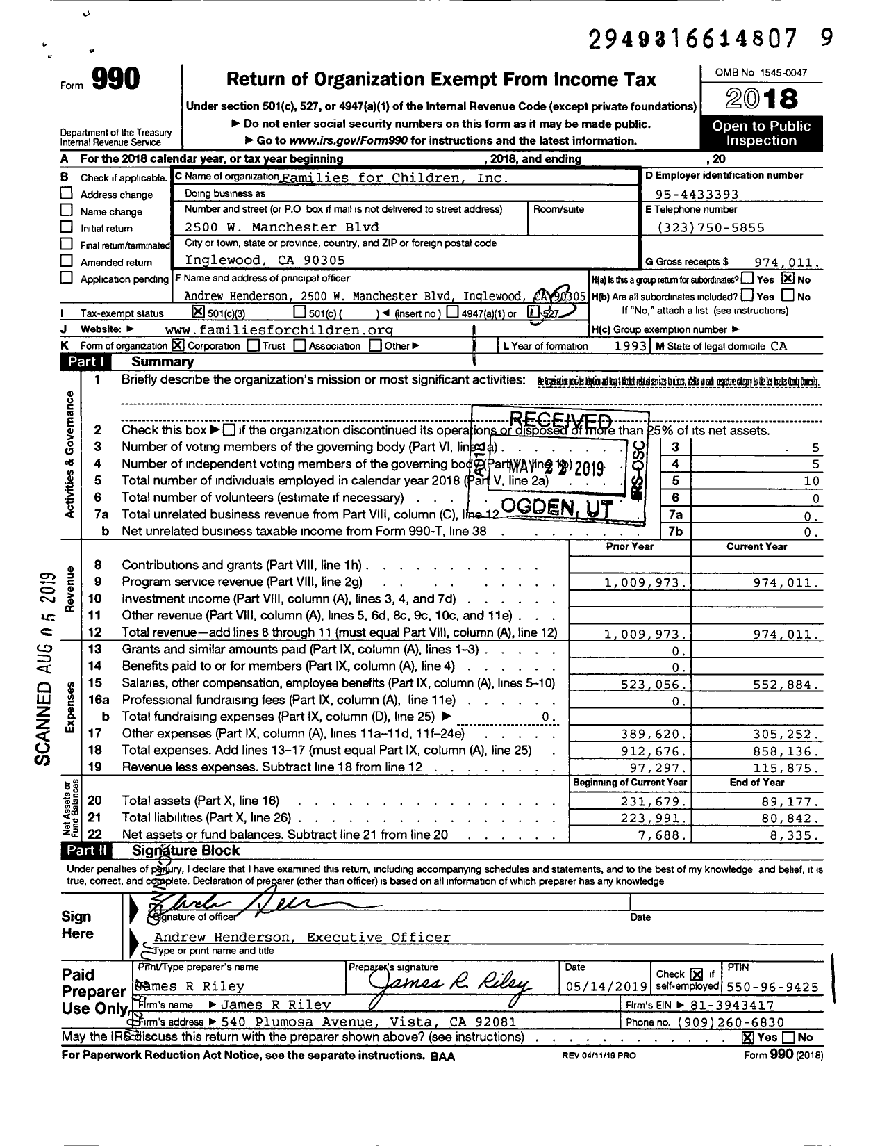 Image of first page of 2018 Form 990 for Families for Children