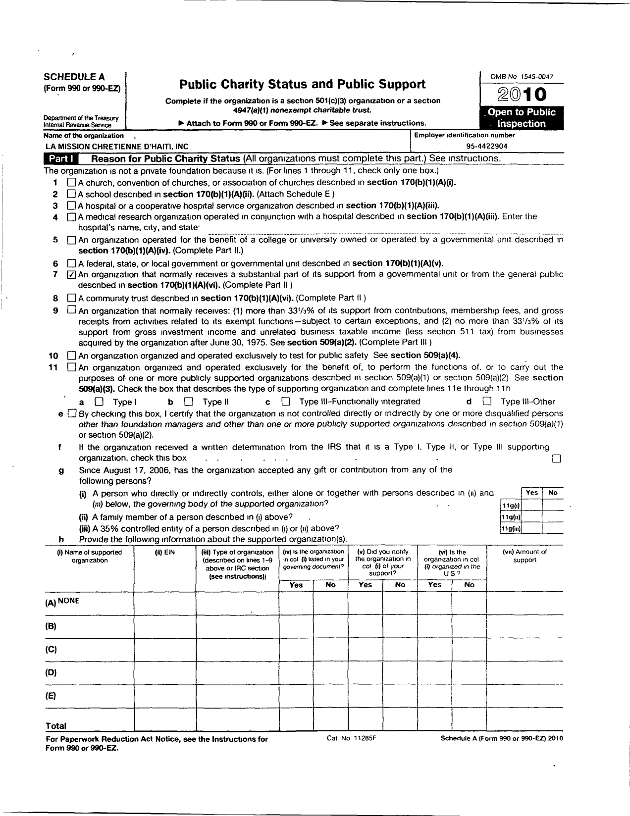 Image of first page of 2010 Form 990ER for La Mission Chretienne D Haiti