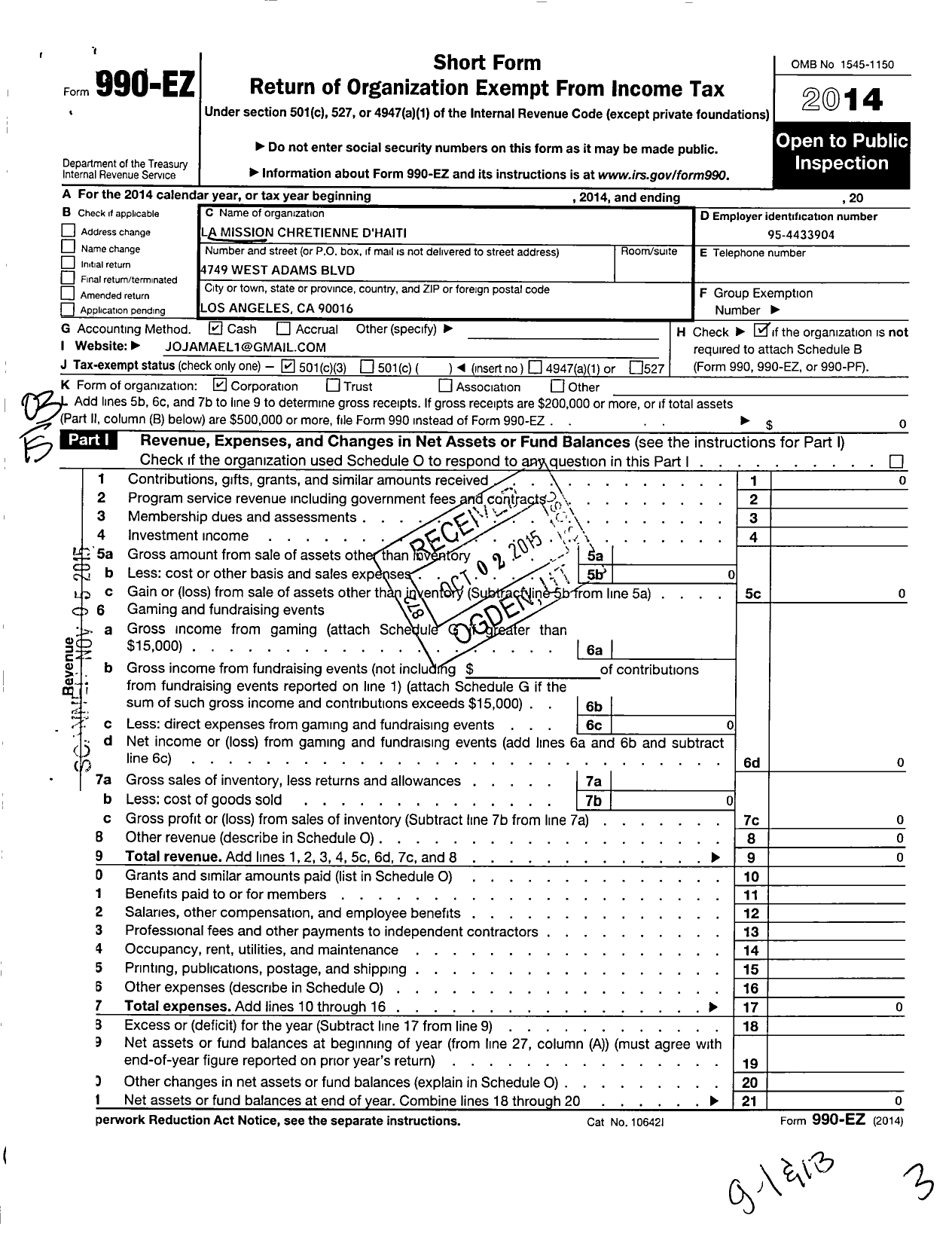 Image of first page of 2014 Form 990EZ for La Mission Chretienne D Haiti