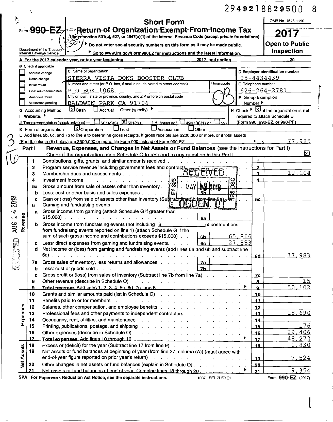 Image of first page of 2017 Form 990EZ for Sierra Vista Dons Booster Club