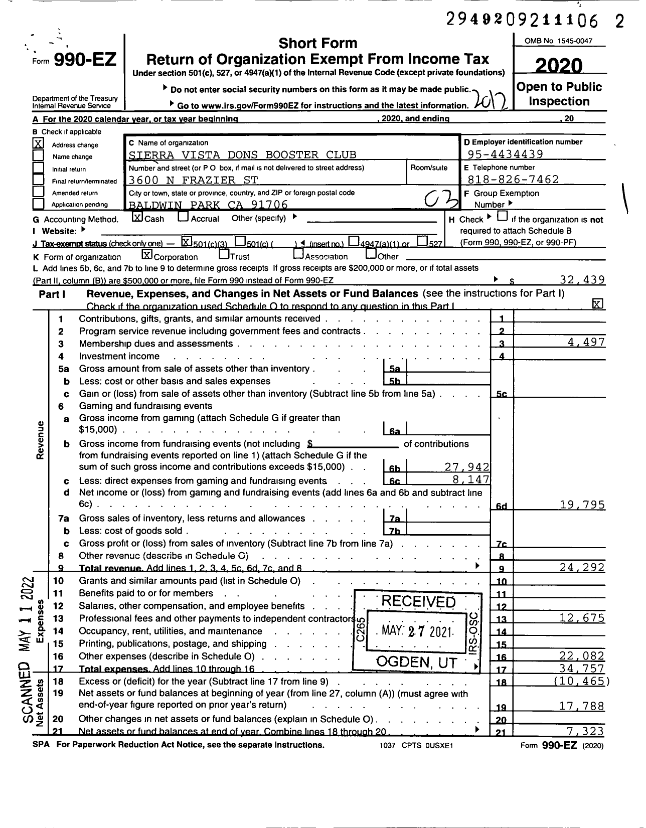 Image of first page of 2020 Form 990EZ for Sierra Vista Dons Booster Club