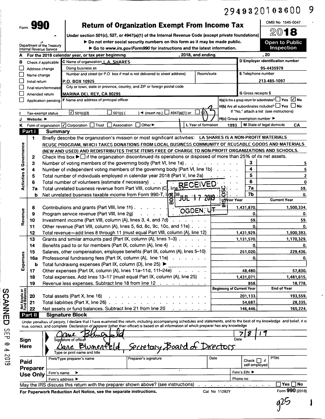 Image of first page of 2018 Form 990 for La Shares