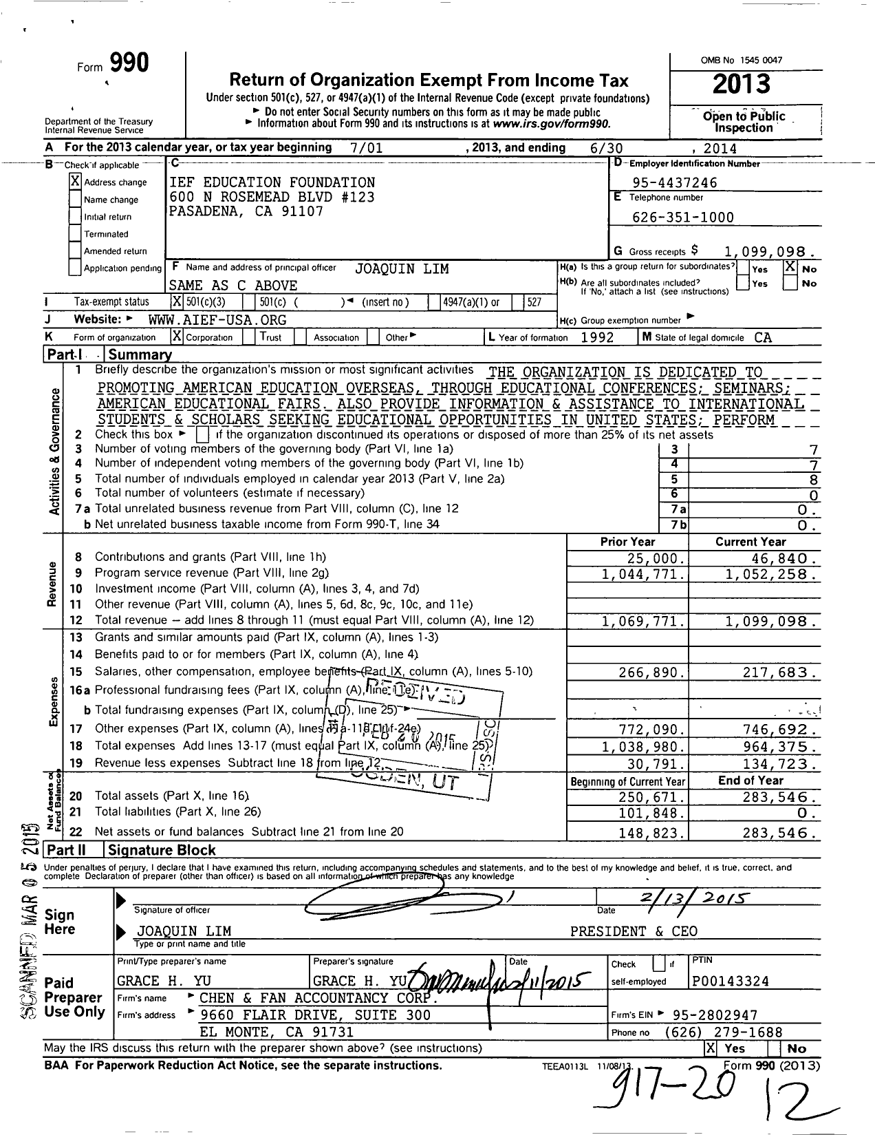 Image of first page of 2013 Form 990 for Ief Education Foundation