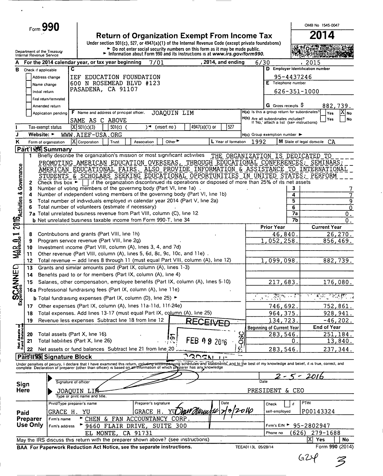 Image of first page of 2014 Form 990 for Ief Education Foundation