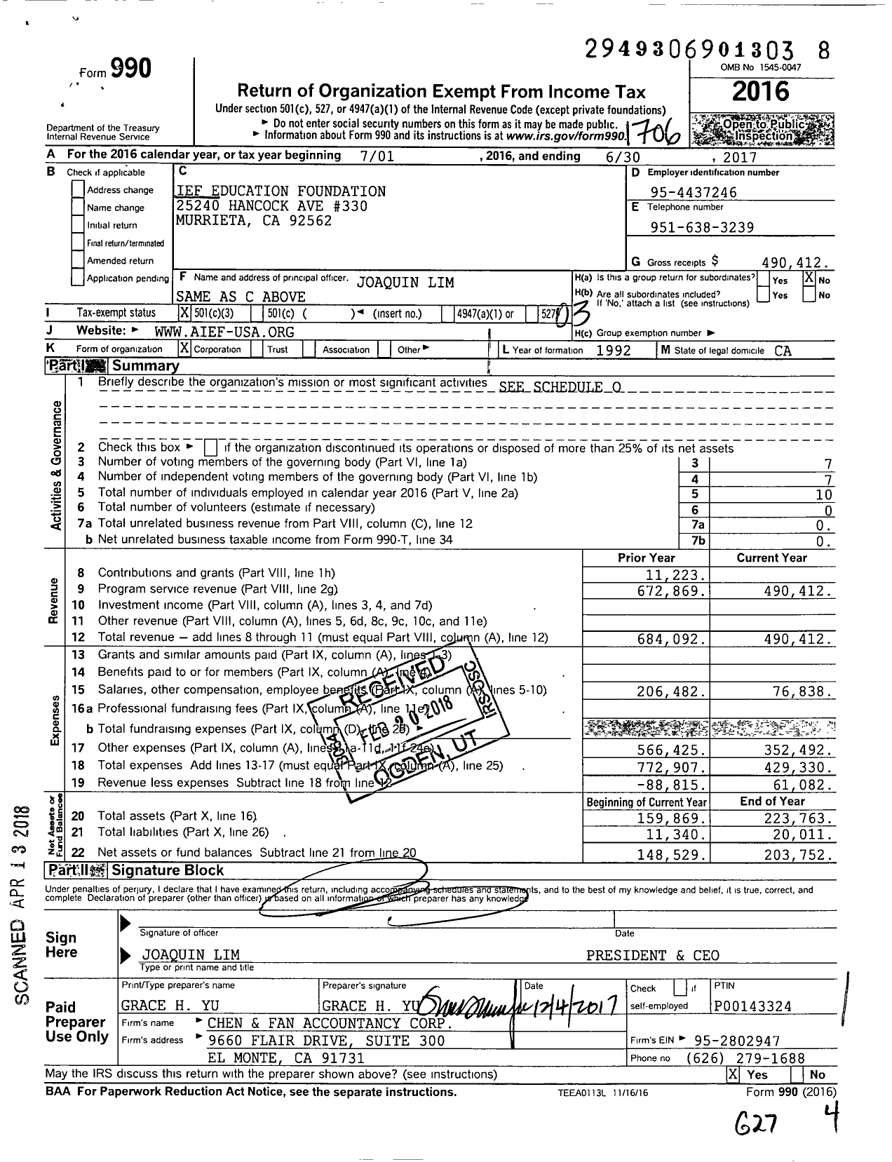 Image of first page of 2016 Form 990 for Ief Education Foundation