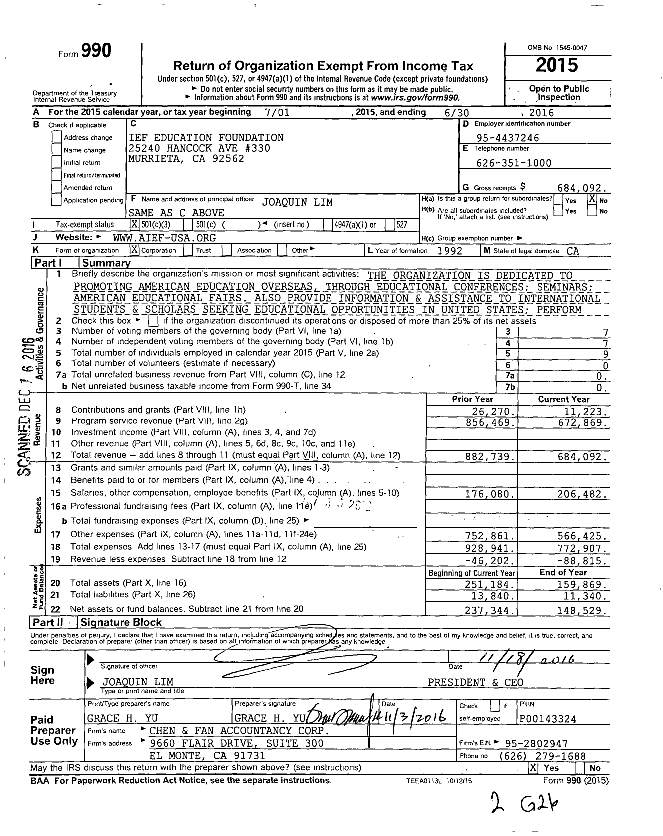 Image of first page of 2015 Form 990 for Ief Education Foundation