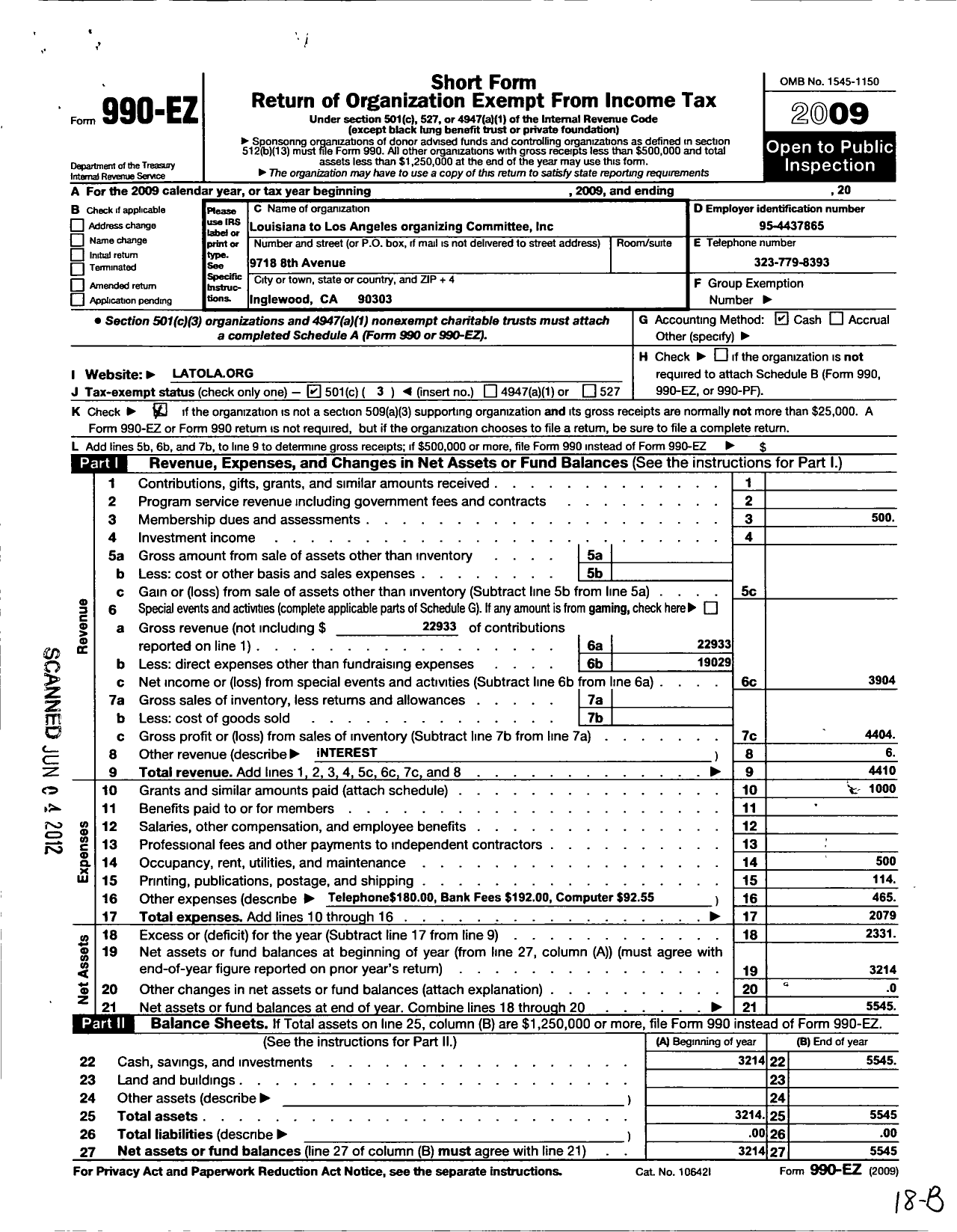 Image of first page of 2009 Form 990EZ for Louisiana To Los Angeles Organizing Committee