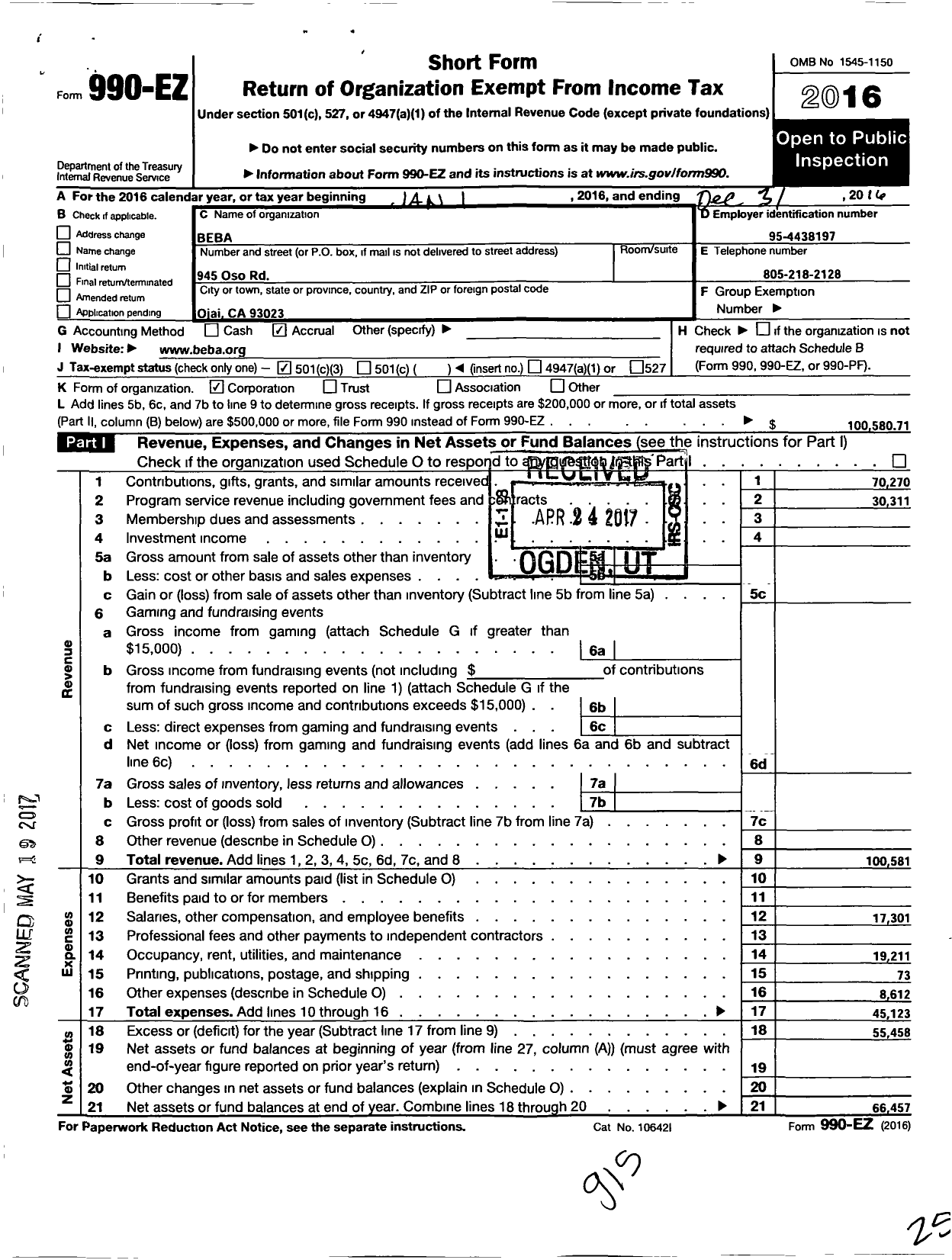 Image of first page of 2016 Form 990EZ for Beba the Whole Family Institute Birthing Evolution-Birthing Aware