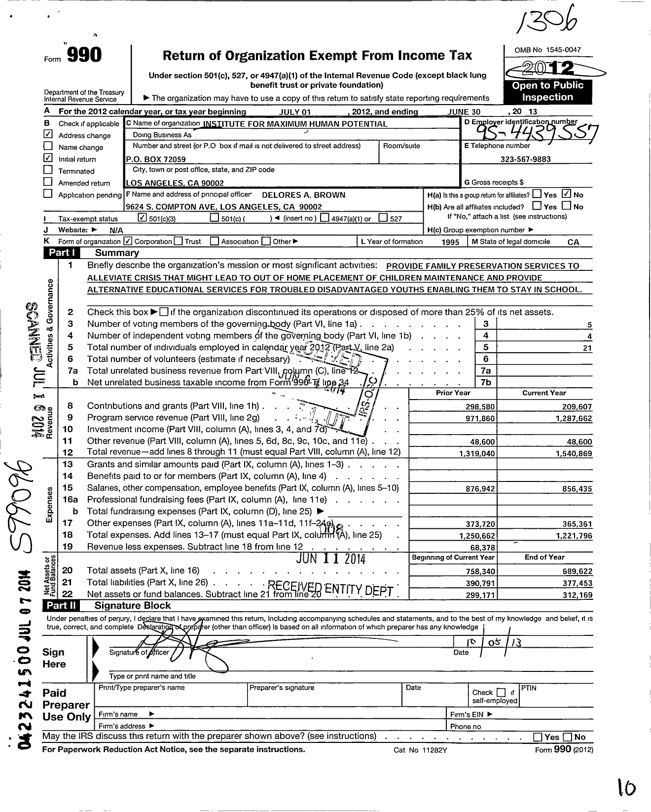 Image of first page of 2012 Form 990 for Institute for Maximum Human Potential