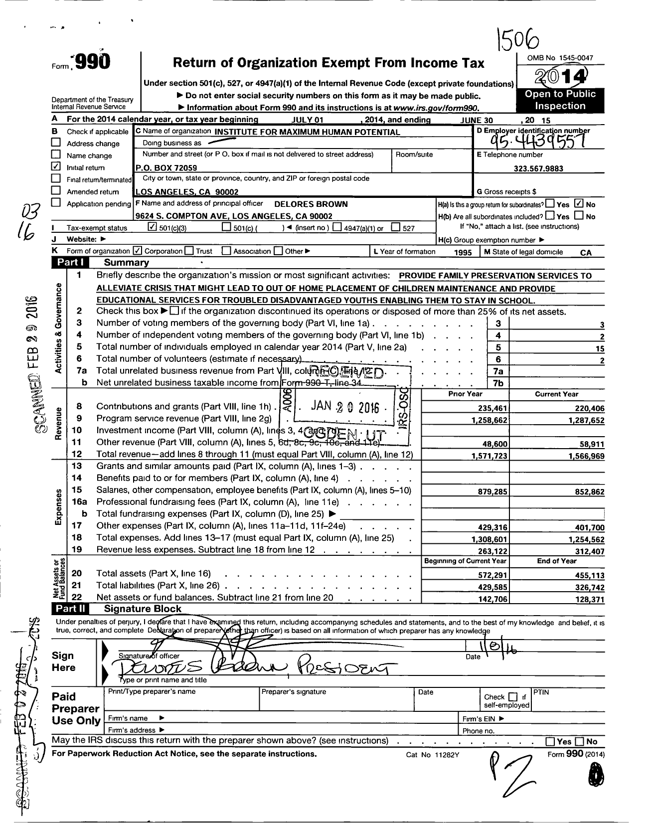 Image of first page of 2014 Form 990 for Institute for Maximum Human Potential