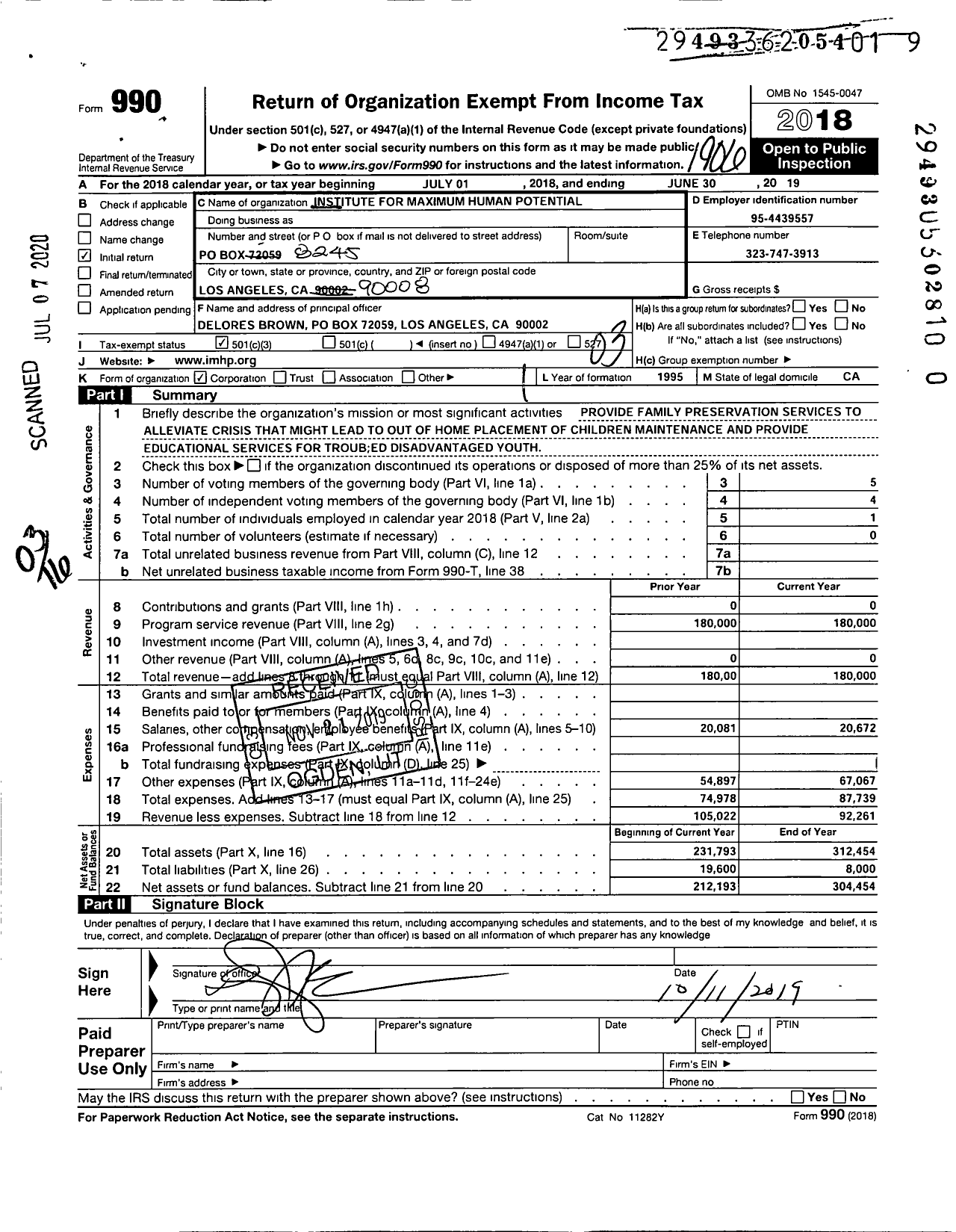 Image of first page of 2018 Form 990 for Institute for Maximum Human Potential