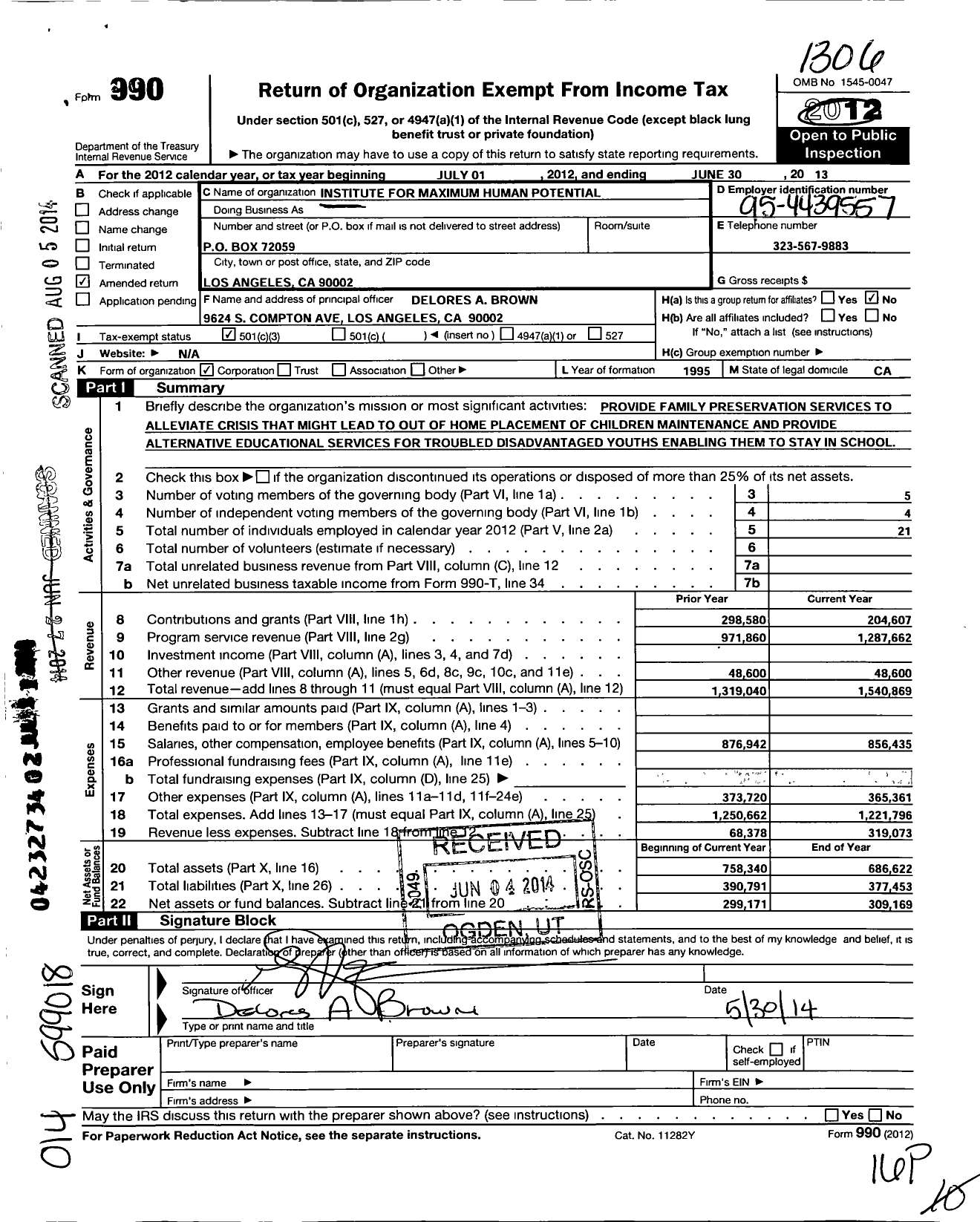 Image of first page of 2012 Form 990 for Institute for Maximum Human Potential