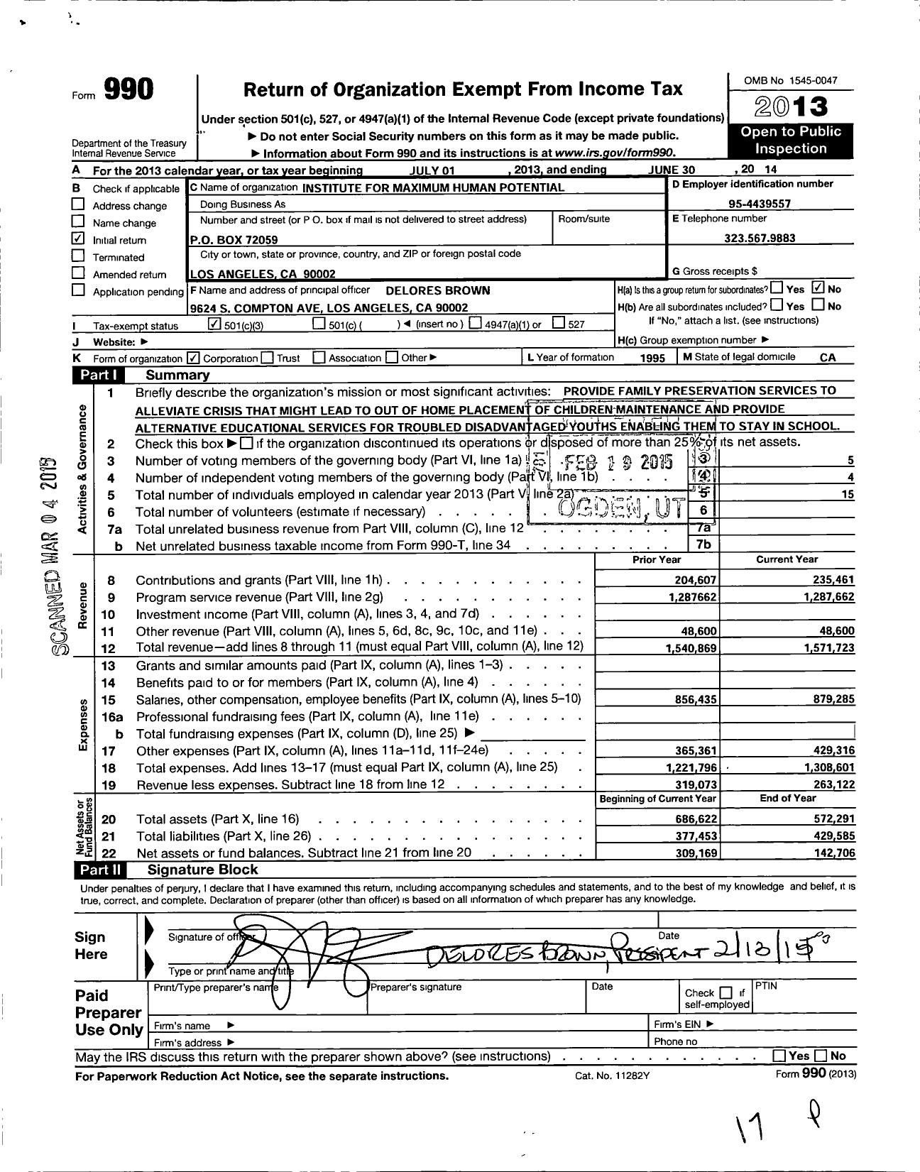 Image of first page of 2013 Form 990 for Institute for Maximum Human Potential