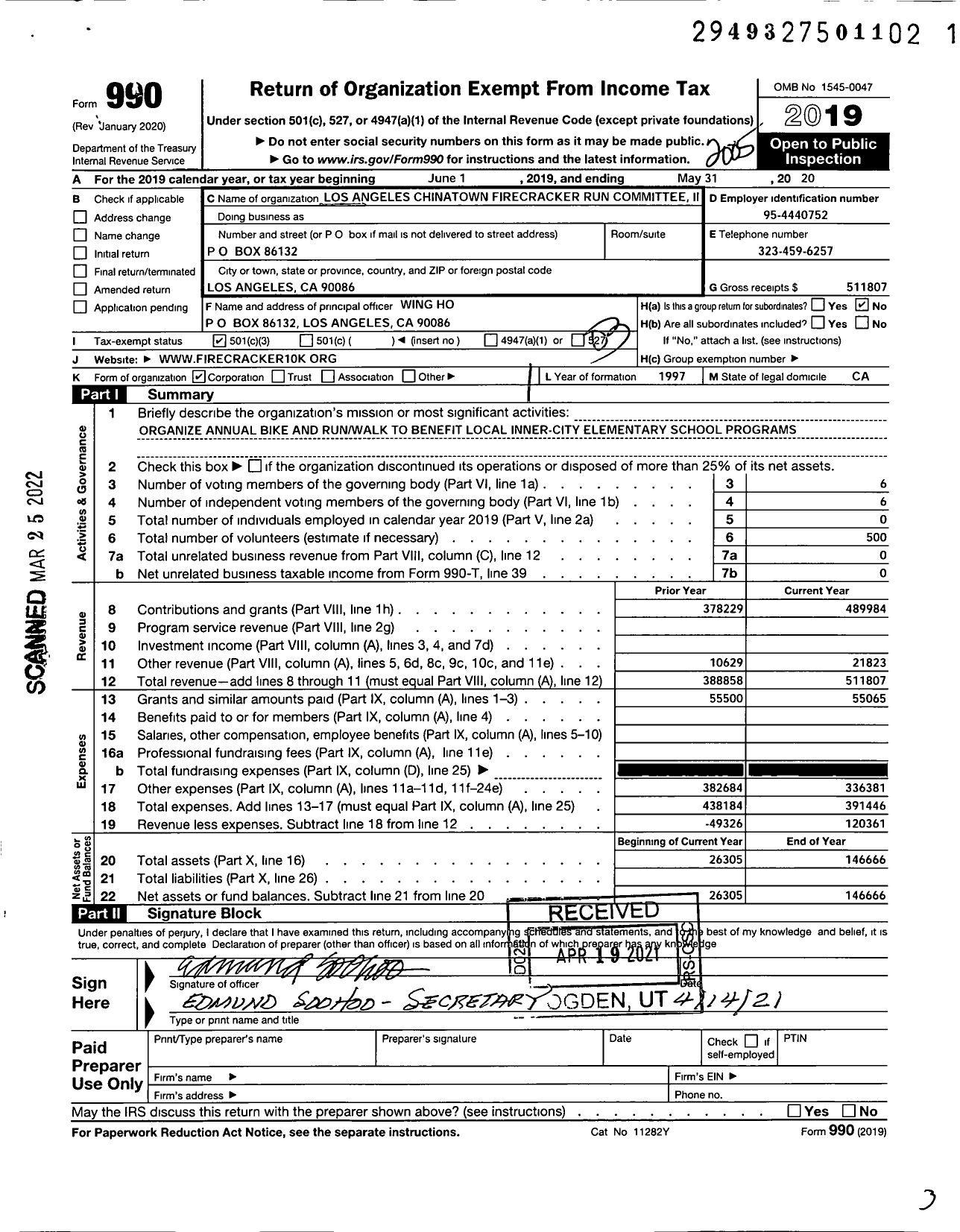 Image of first page of 2019 Form 990 for L A Chinatown Firecracker Run Committee