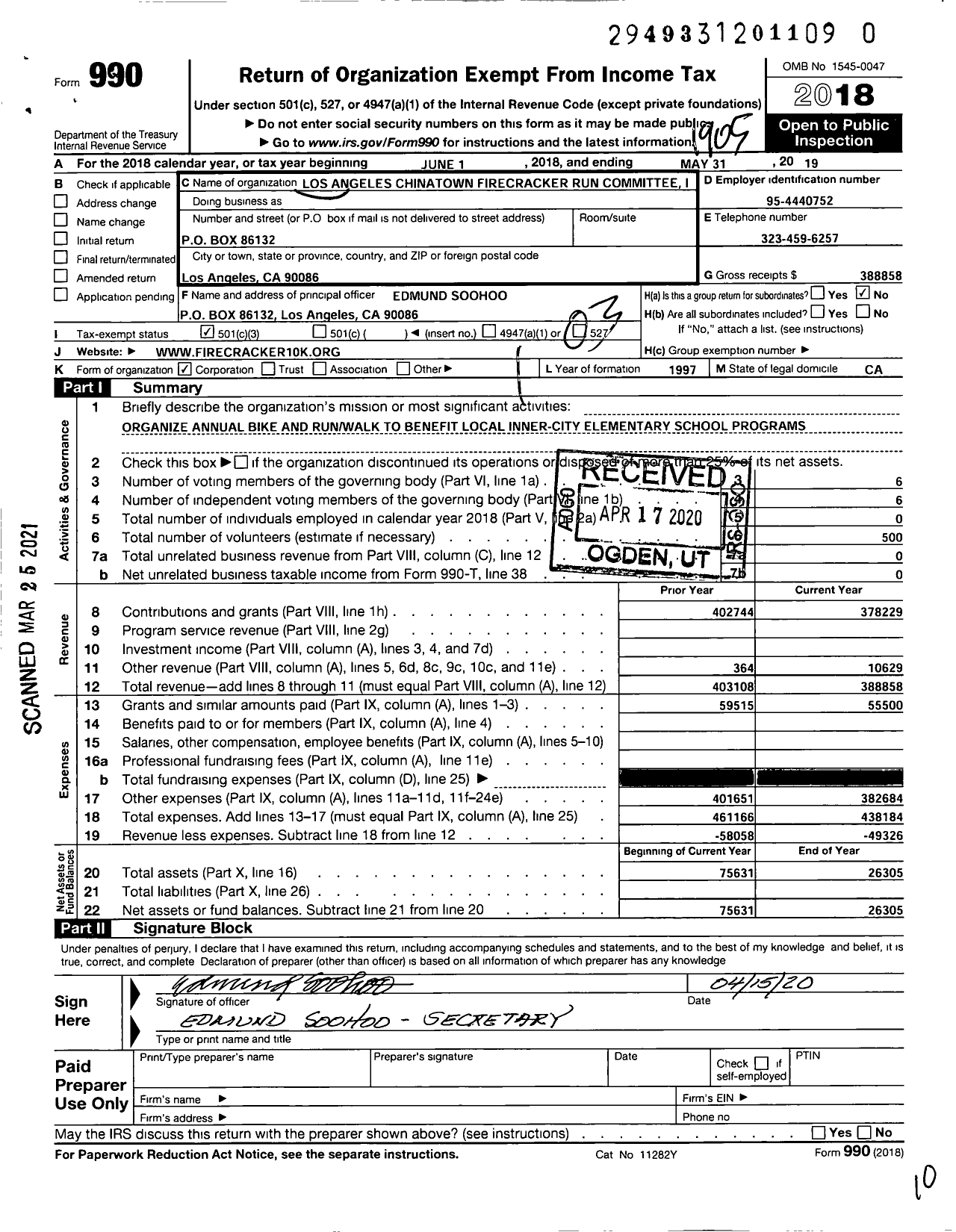 Image of first page of 2018 Form 990 for L A Chinatown Firecracker Run Committee