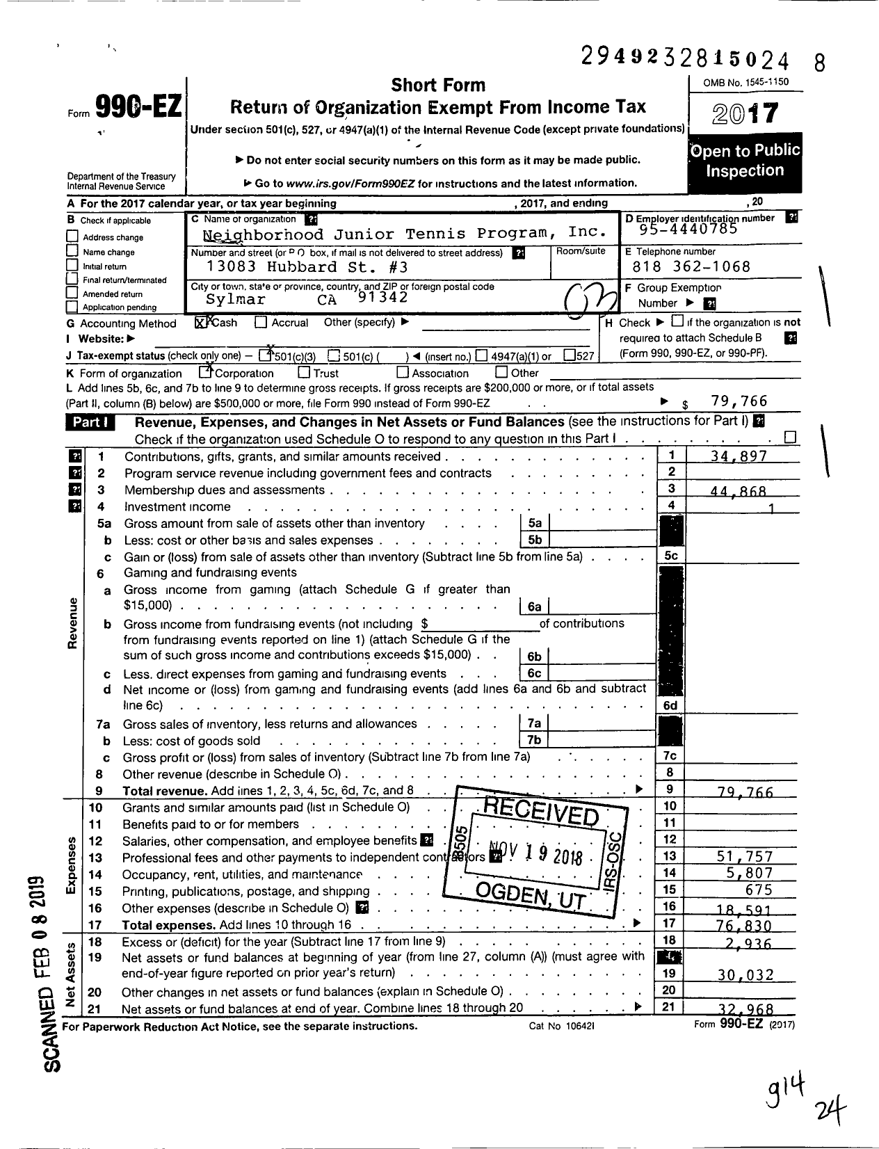 Image of first page of 2017 Form 990EZ for Neighborhood Junior Tennis Program