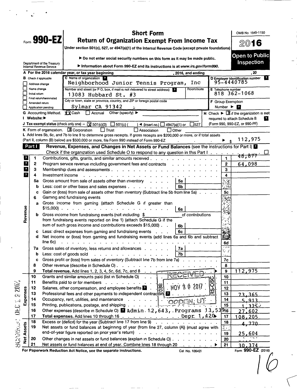 Image of first page of 2016 Form 990EZ for Neighborhood Junior Tennis Program