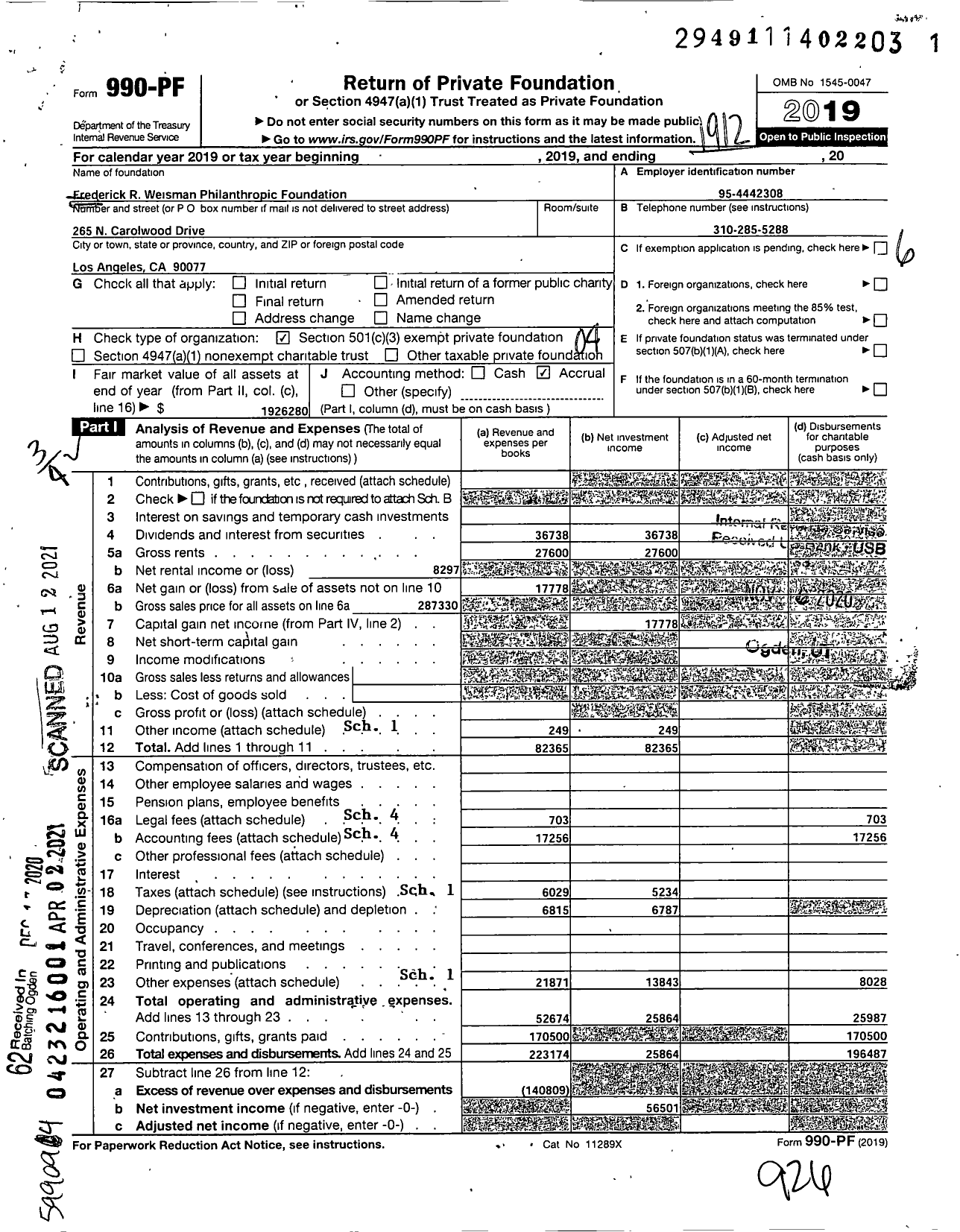 Image of first page of 2019 Form 990PF for Frederick R Weisman Philanthropic