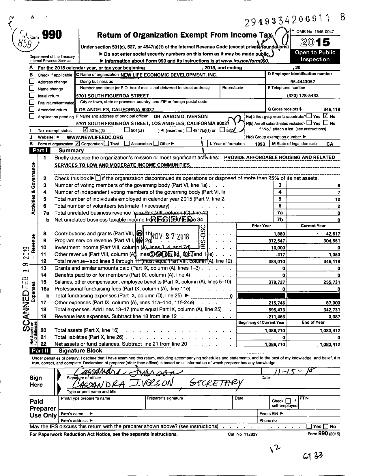 Image of first page of 2015 Form 990 for New Life Economic Development