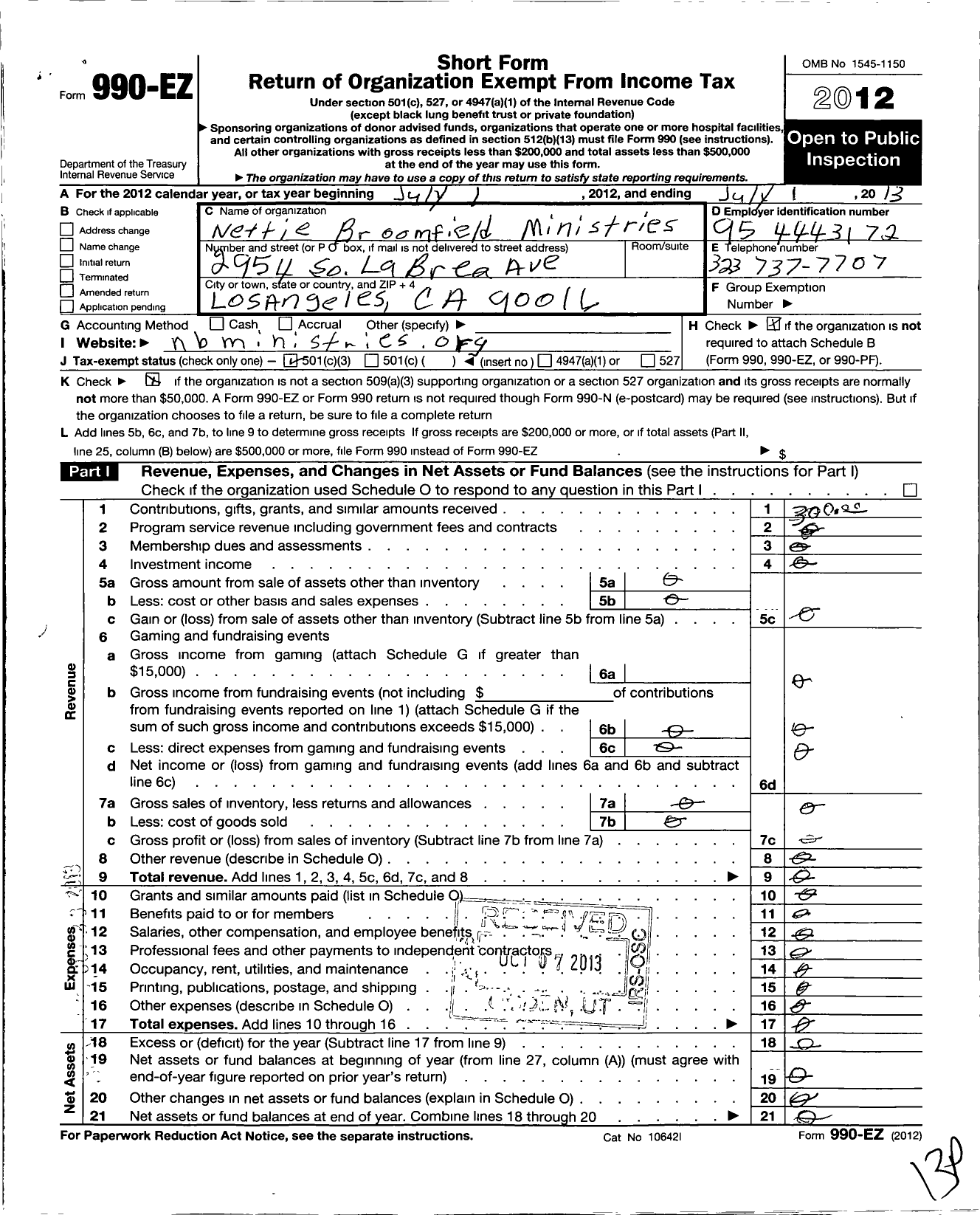 Image of first page of 2012 Form 990EZ for Nettie Broomfield Ministries