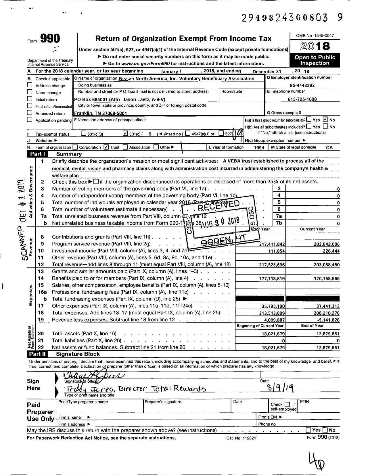 Image of first page of 2018 Form 990O for Nissan North America Voluntary Employee Beneficiary Association