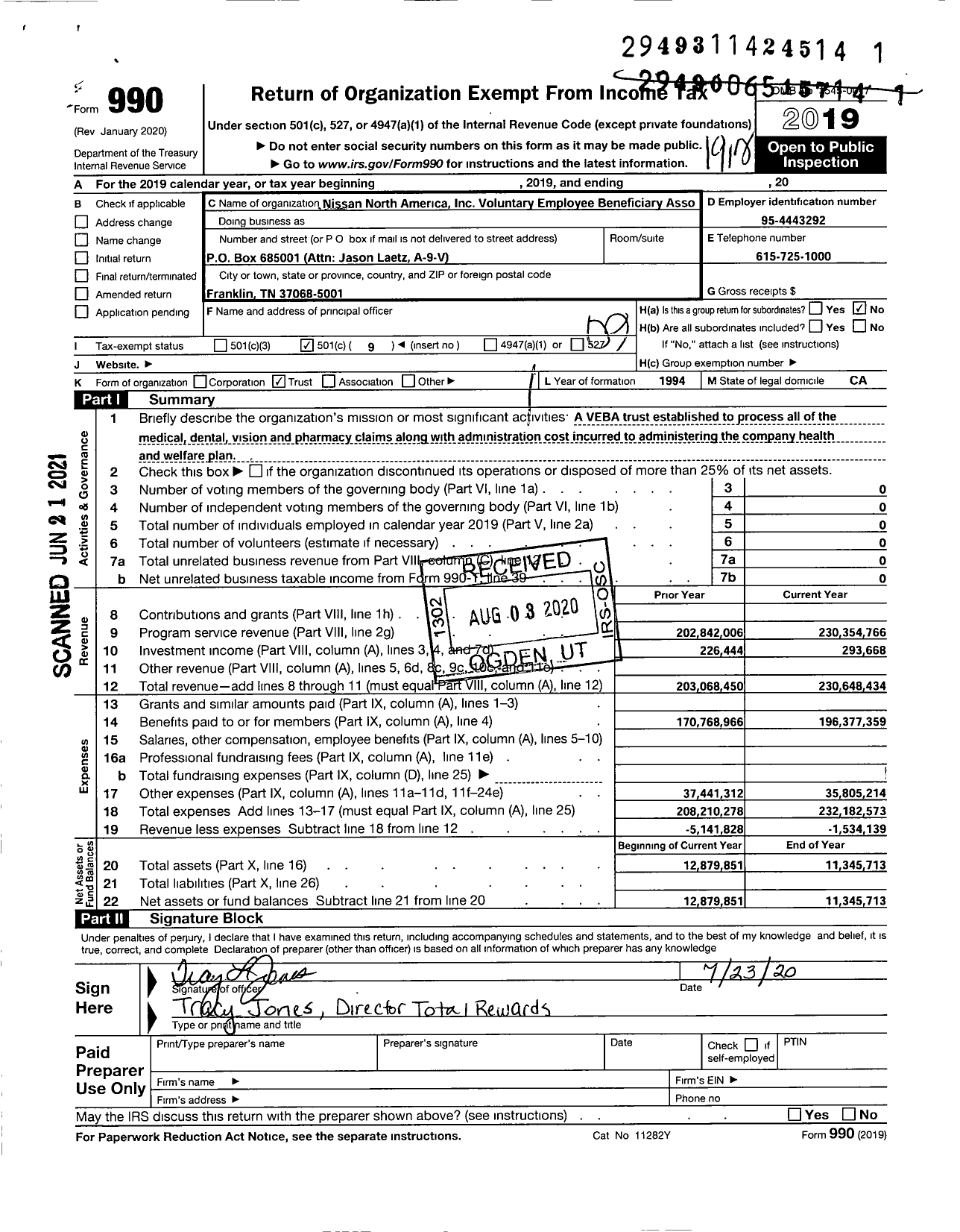 Image of first page of 2019 Form 990O for Nissan North America Voluntary Employee Beneficiary Association