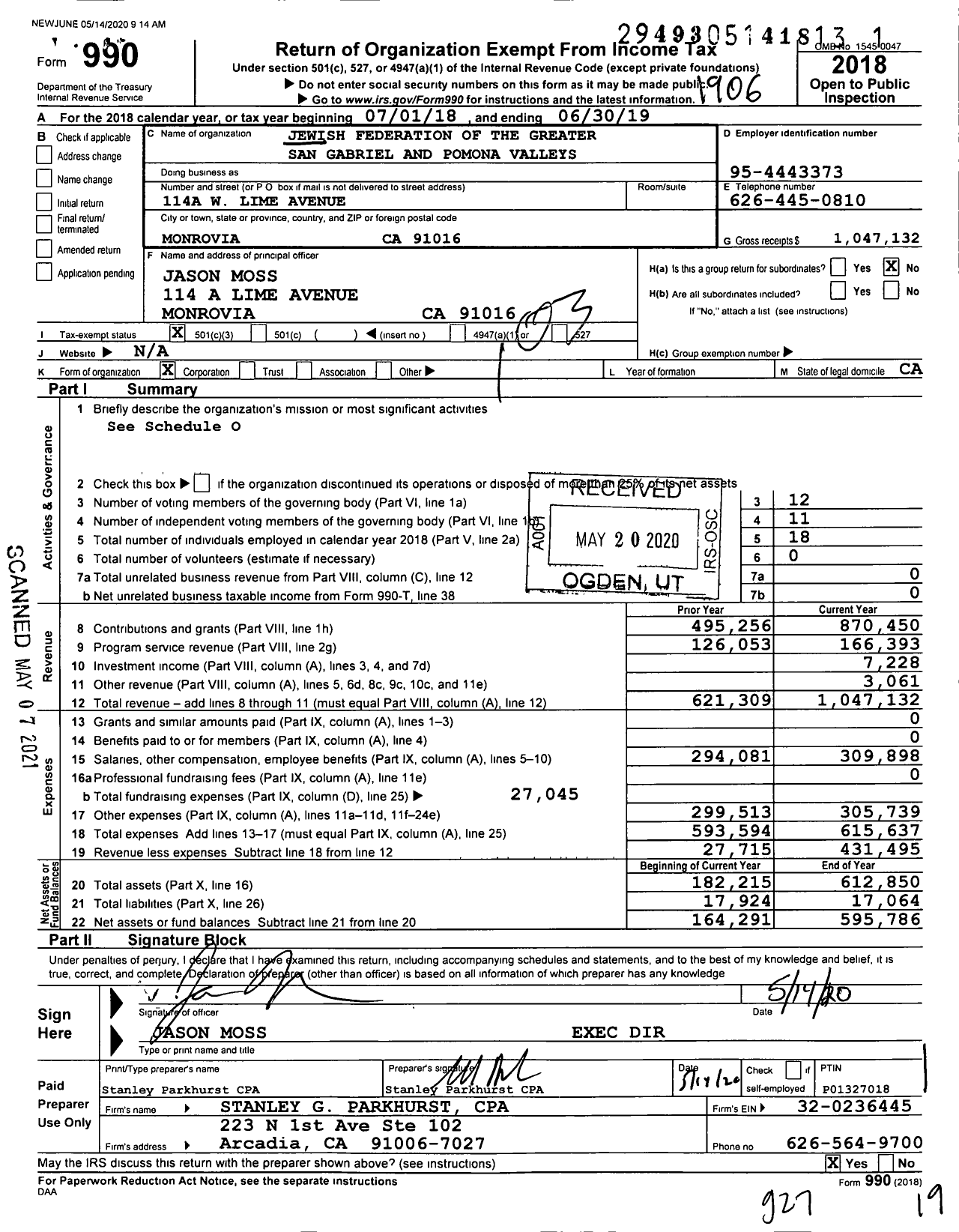 Image of first page of 2018 Form 990 for Jewish Federation of the Greater San Gabriel and Pomona Valleys