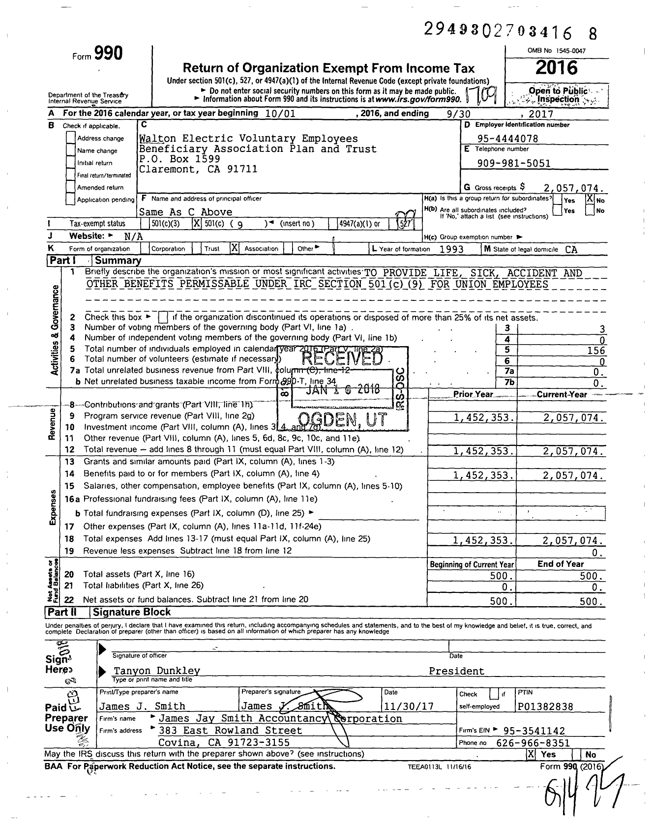 Image of first page of 2016 Form 990O for Walton Electric Voluntary Employees Beneficiary Association Plan and Trust