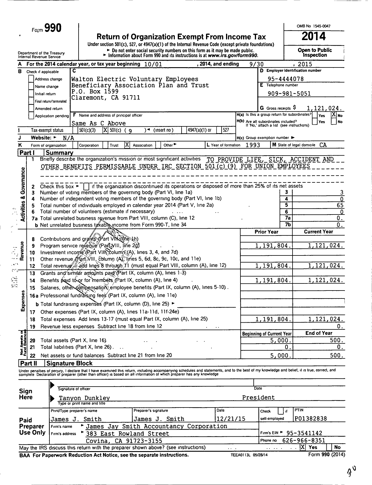 Image of first page of 2014 Form 990O for Walton Electric Voluntary Employees Beneficiary Association Plan and Trust