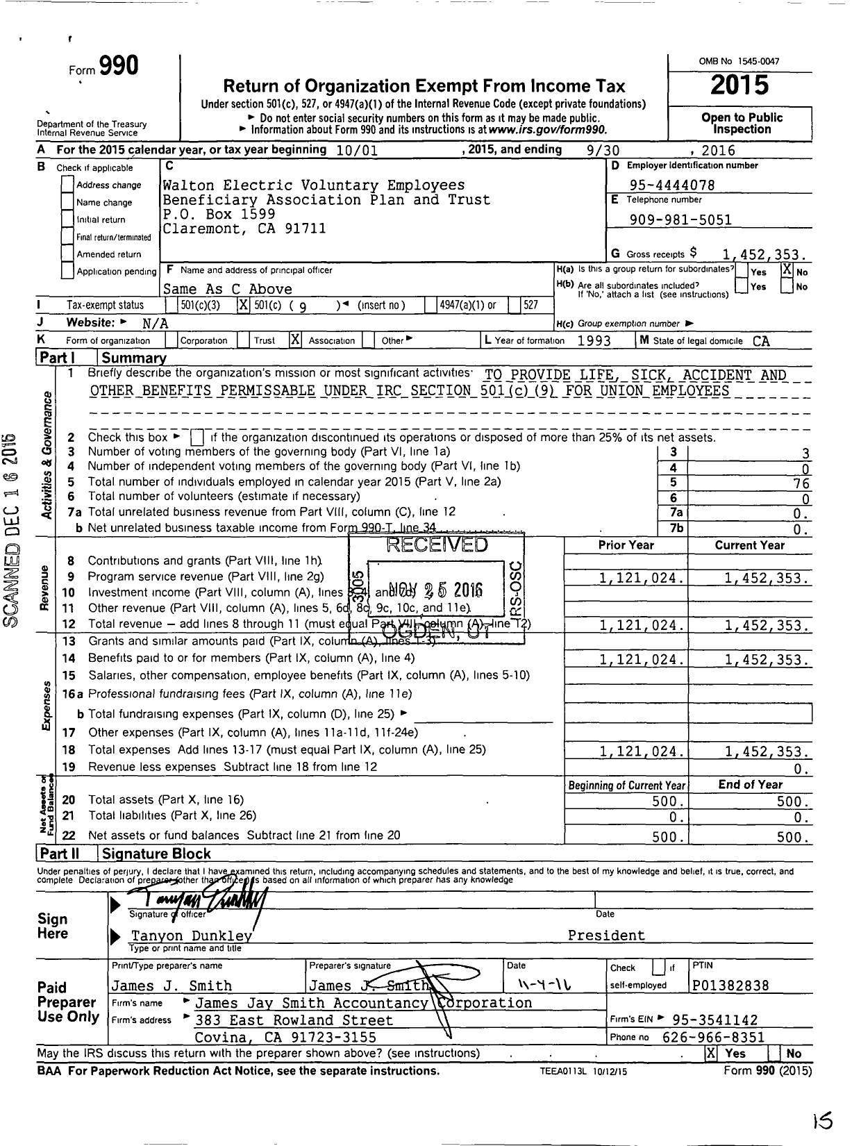 Image of first page of 2015 Form 990O for Walton Electric Voluntary Employees Beneficiary Association Plan and Trust