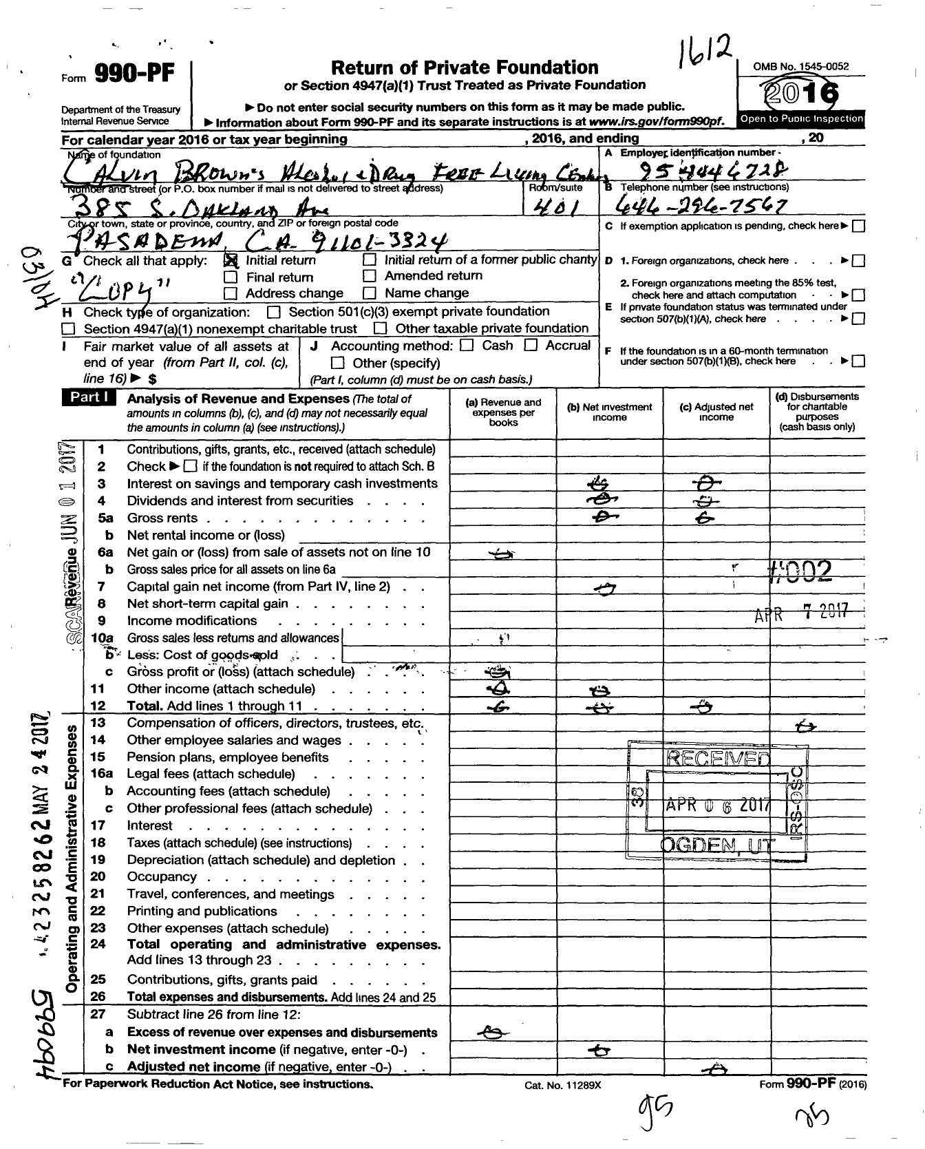 Image of first page of 2016 Form 990PF for Calvin Browns Alcohol and Drug Free Living Centers