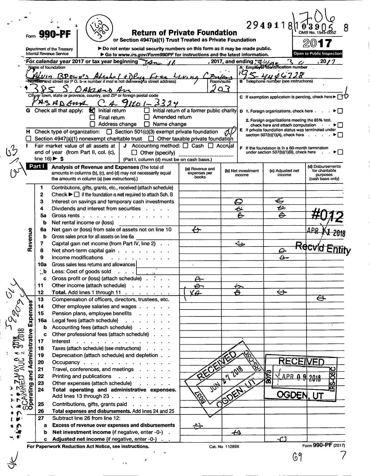 Image of first page of 2016 Form 990PF for Calvin Browns Alcohol and Drug Free Living Centers