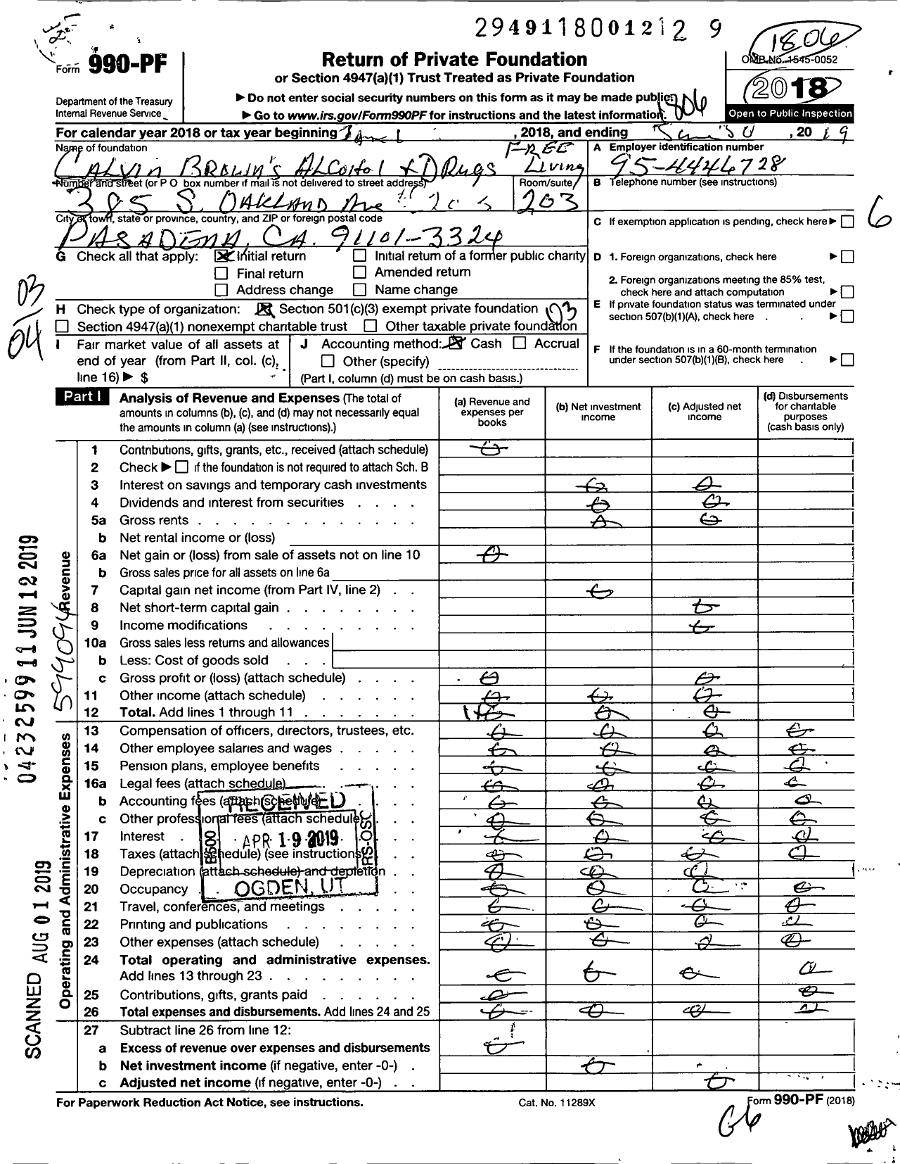 Image of first page of 2017 Form 990PF for Calvin Browns Alcohol and Drug Free Living Centers