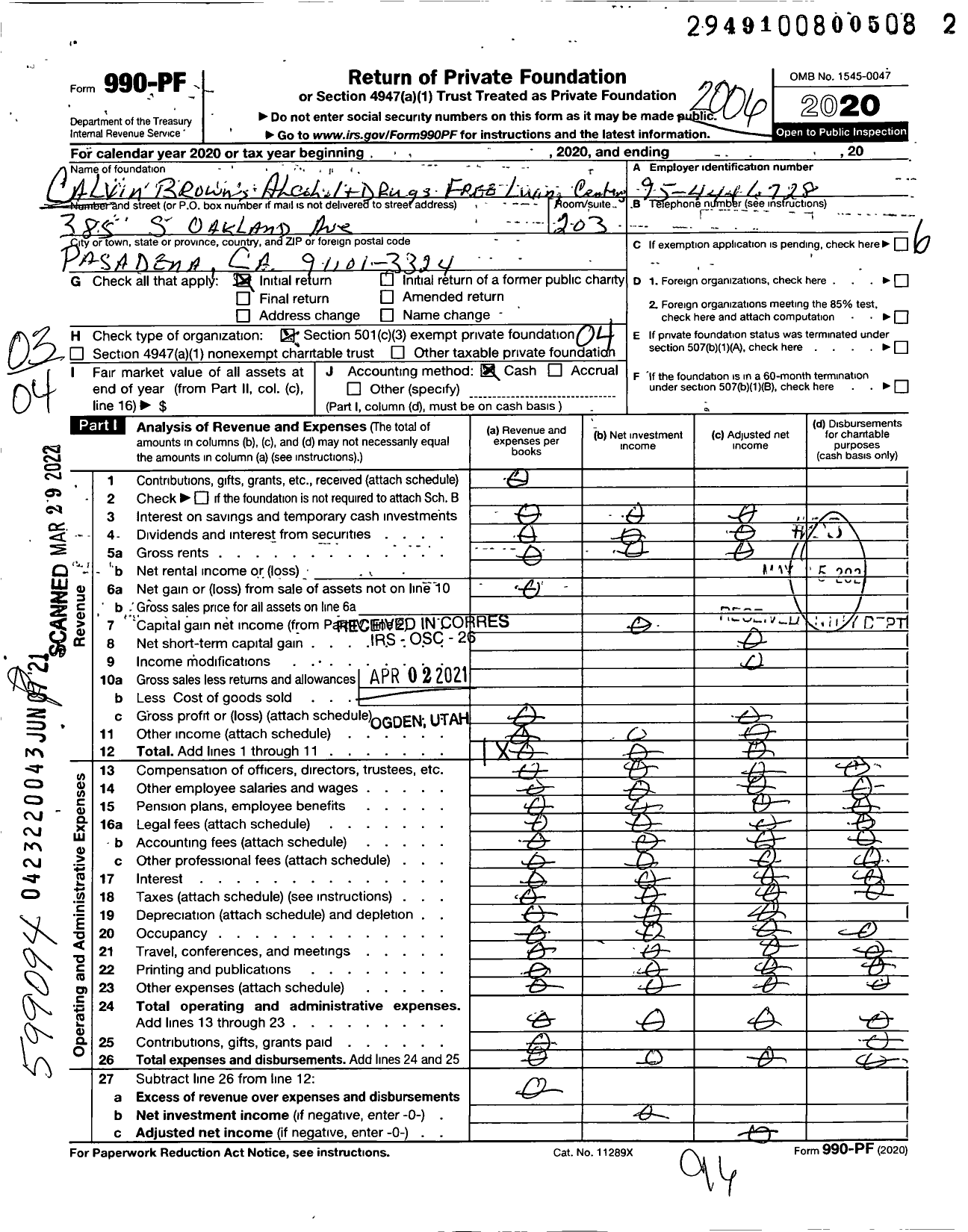 Image of first page of 2019 Form 990PF for Calvin Browns Alcohol and Drug Free Living Centers