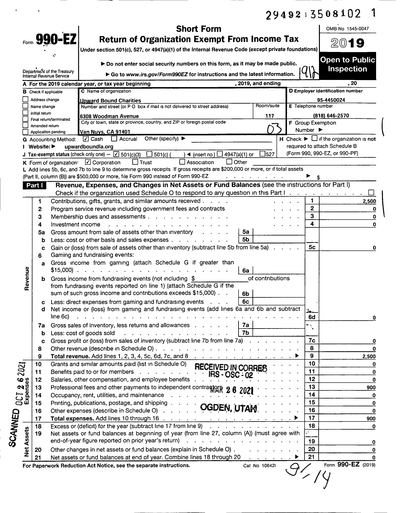 Image of first page of 2019 Form 990EZ for Upward Bound Charities