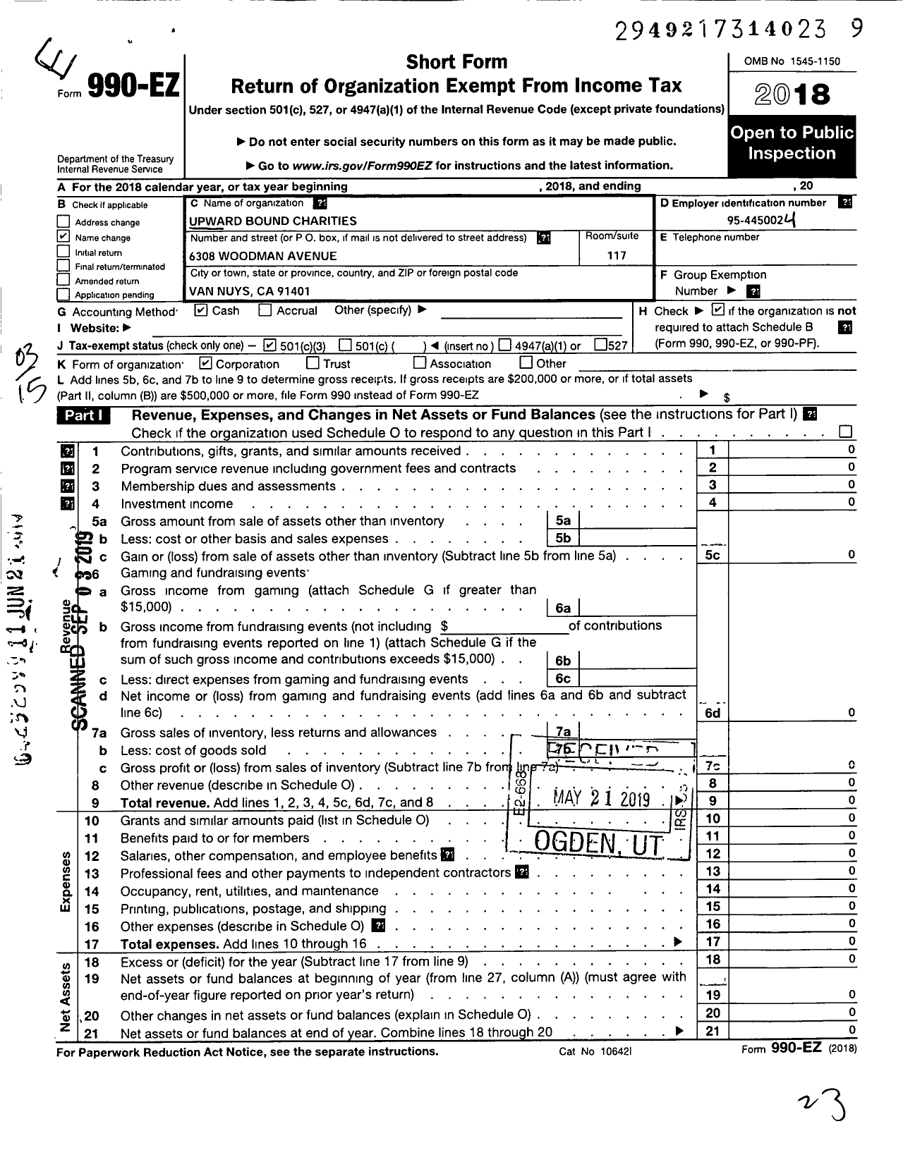 Image of first page of 2018 Form 990EZ for Upward Bound Charities