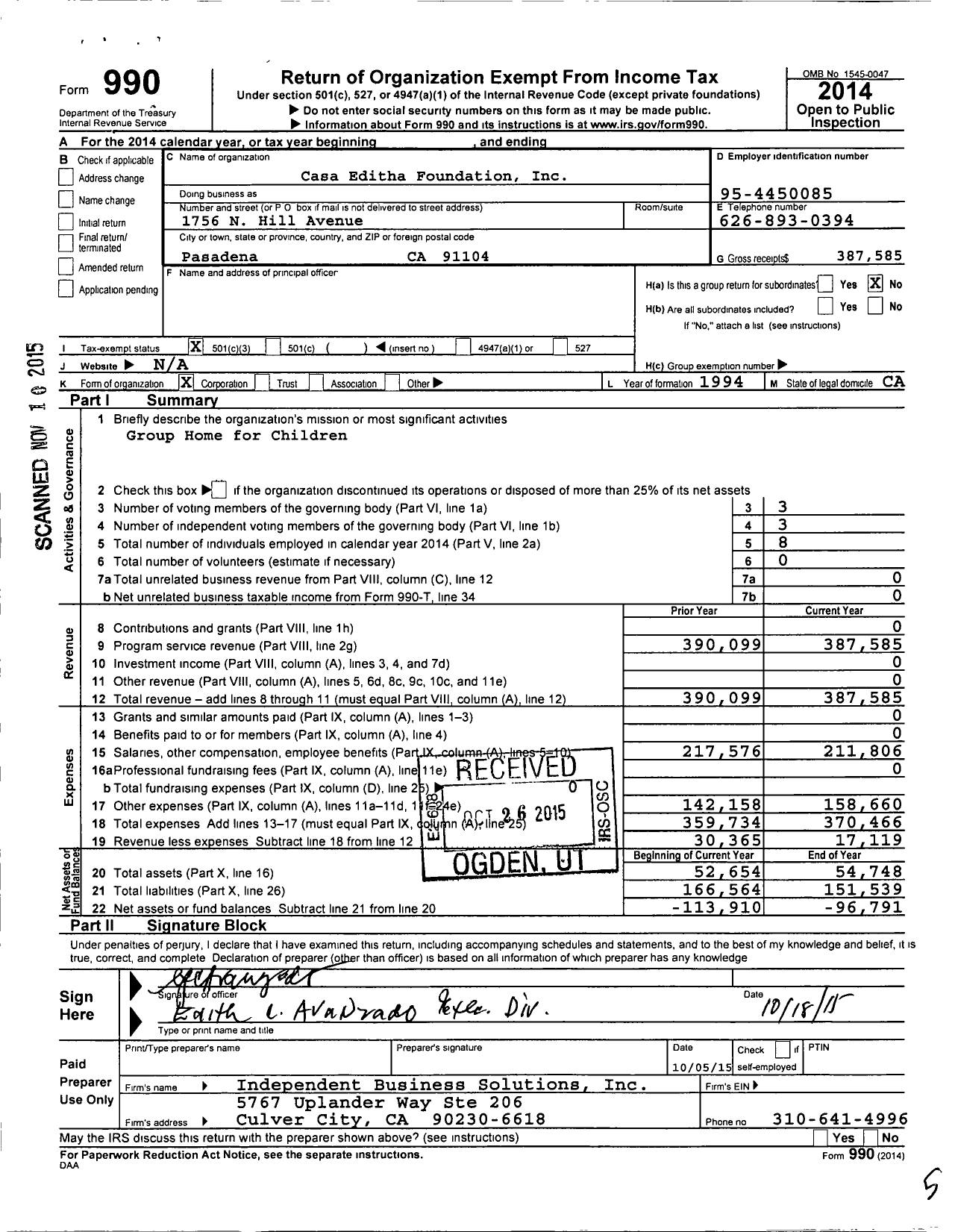 Image of first page of 2014 Form 990 for Casa Editha Foundation