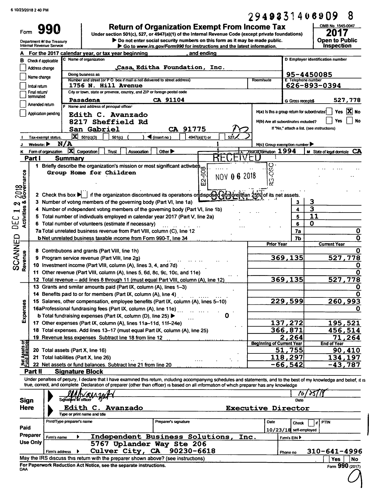 Image of first page of 2017 Form 990 for Casa Editha Foundation