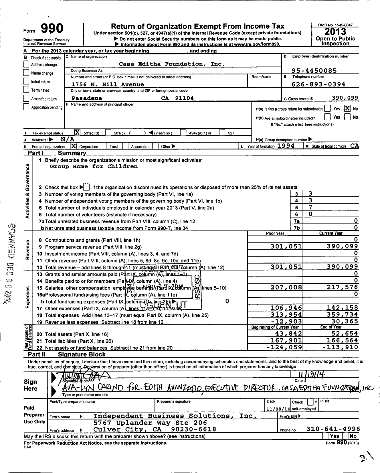 Image of first page of 2013 Form 990 for Casa Editha Foundation