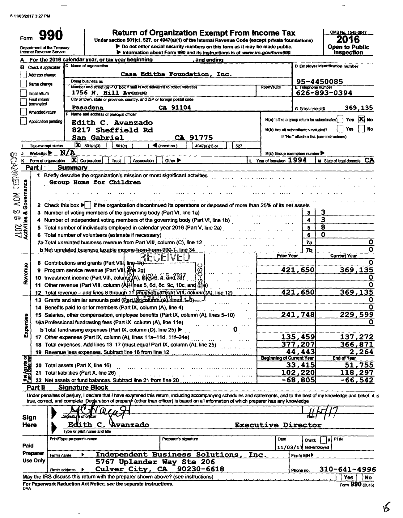 Image of first page of 2016 Form 990 for Casa Editha Foundation